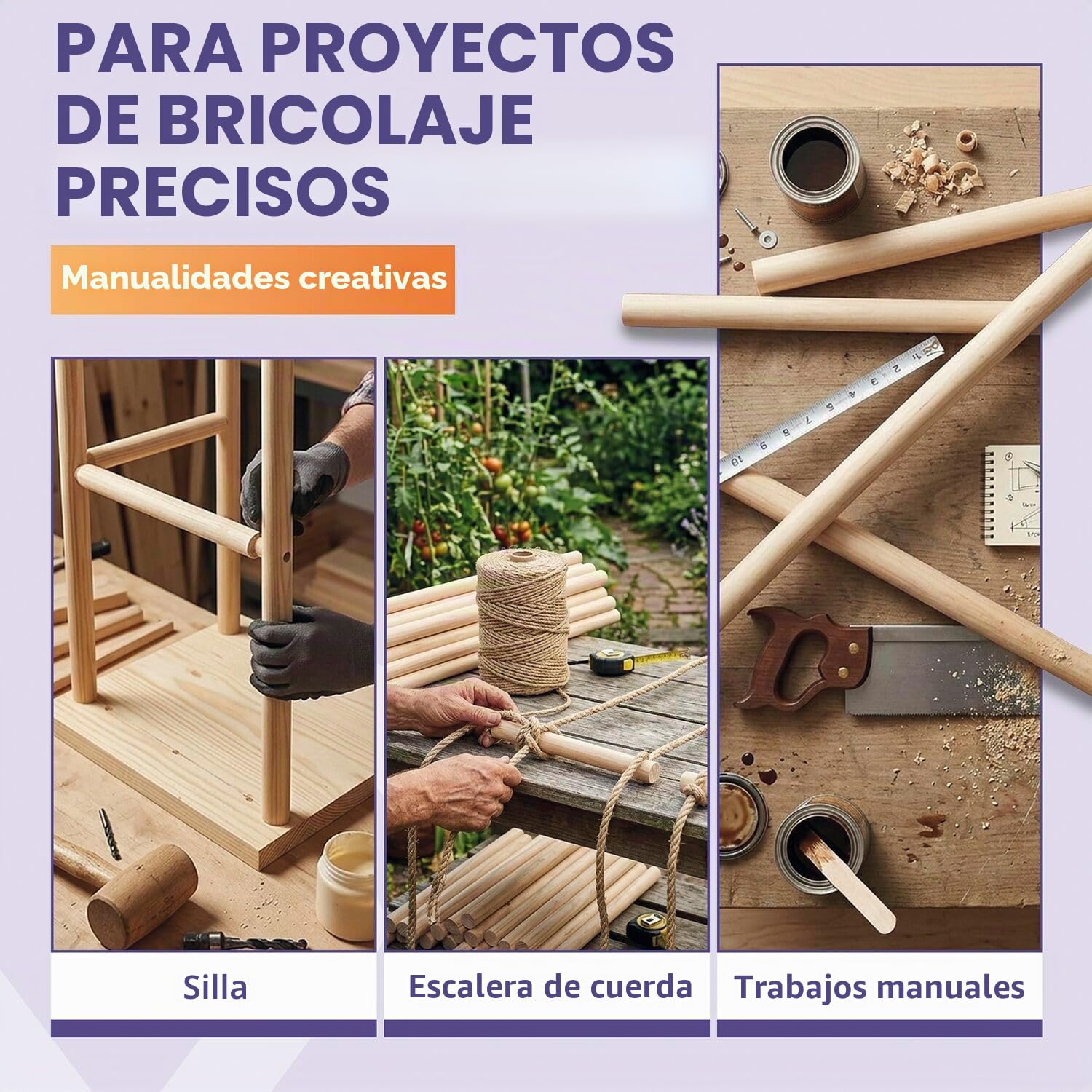vasalat Varillas de madera lisas para manualidades, 100 cm x 20 mm, madera de haya natural, contenido, 6 unidades