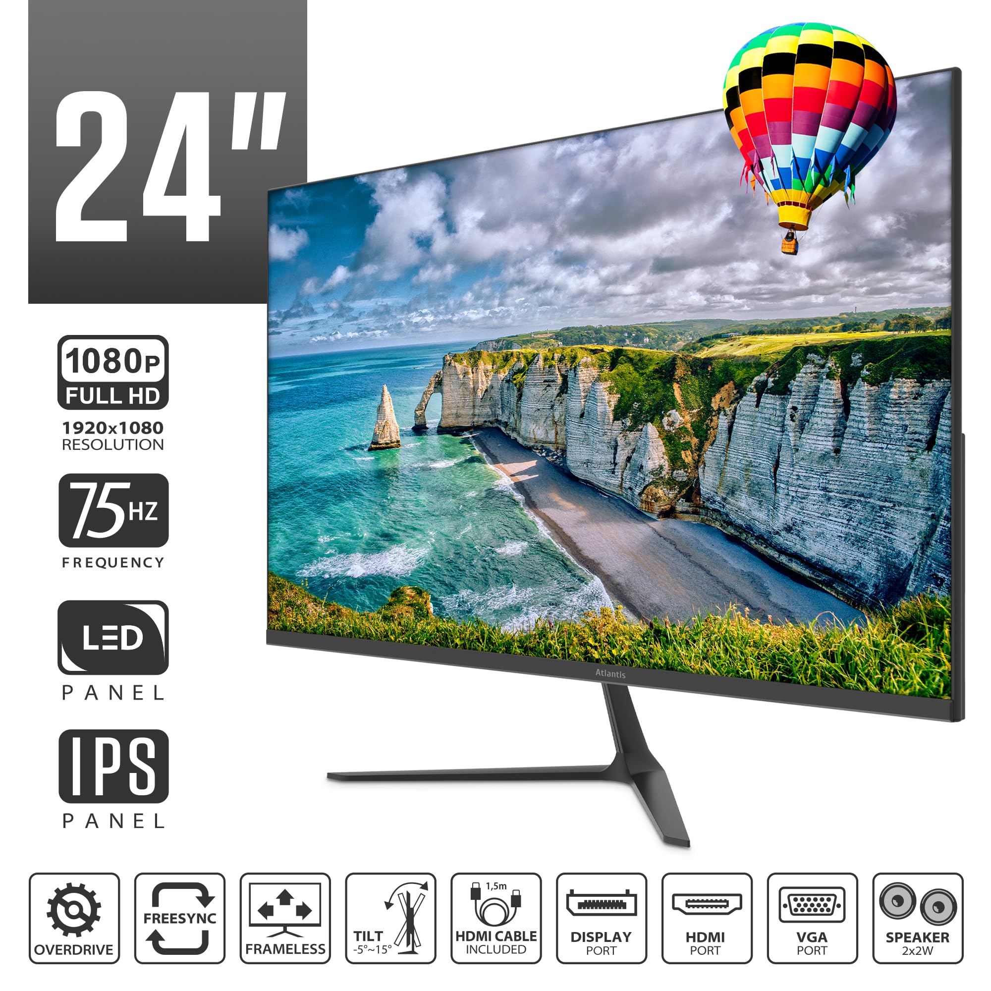 Atlantis Monitor 24 pollici, schermo 24" IPS 75Hz, Full HD 1920x1080, VGA HDMI DP, MULTIMEDIALE, FreeSync, Uscita Audio/Cuffie, inclin, risposta 5ms, Contrasto 1000:1, Angolo 178/178, Cavo HDMI 1,5m