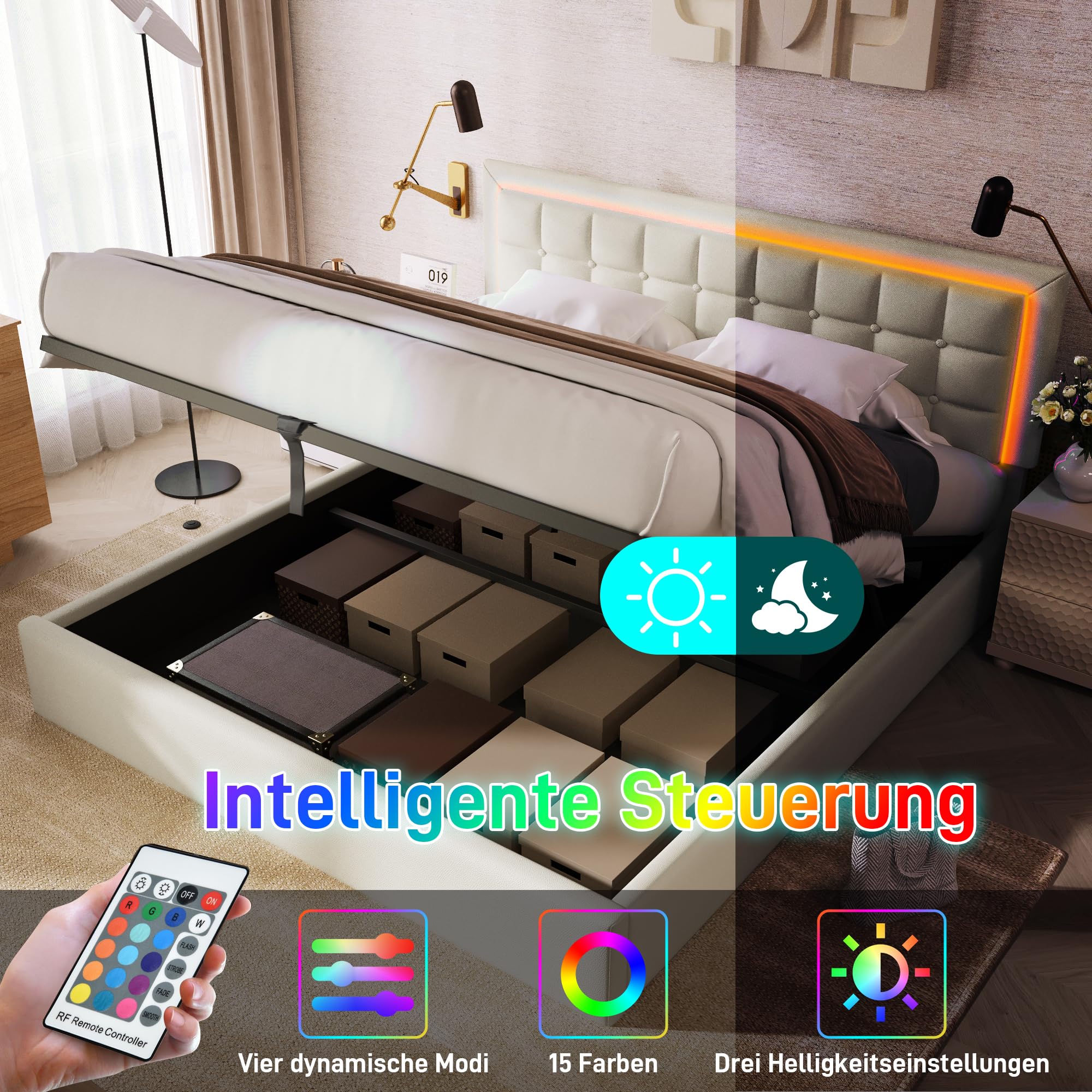 Letto Matrimoniale 180x200 Cm Imbottito Con Luci LED E Contenitore, Tessuto Marrone Con Meccanismo Idraulico