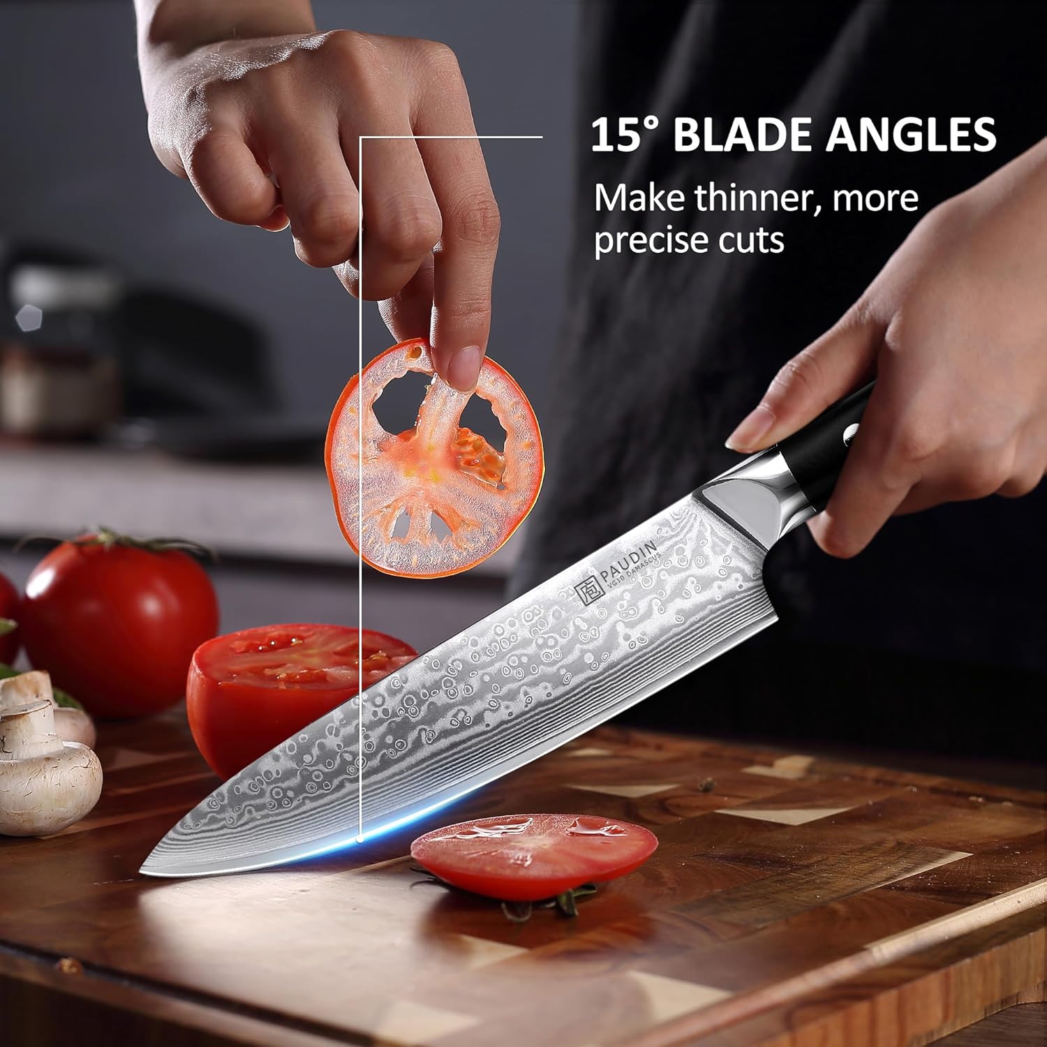 PAUDIN Damascus Knife Set 3 PCS, Japanese VG10 Steel Core, Ultra Sharp Chef Knife Set, Full Tang G10 Handle, Damascus Kitchen Knives - Image 4