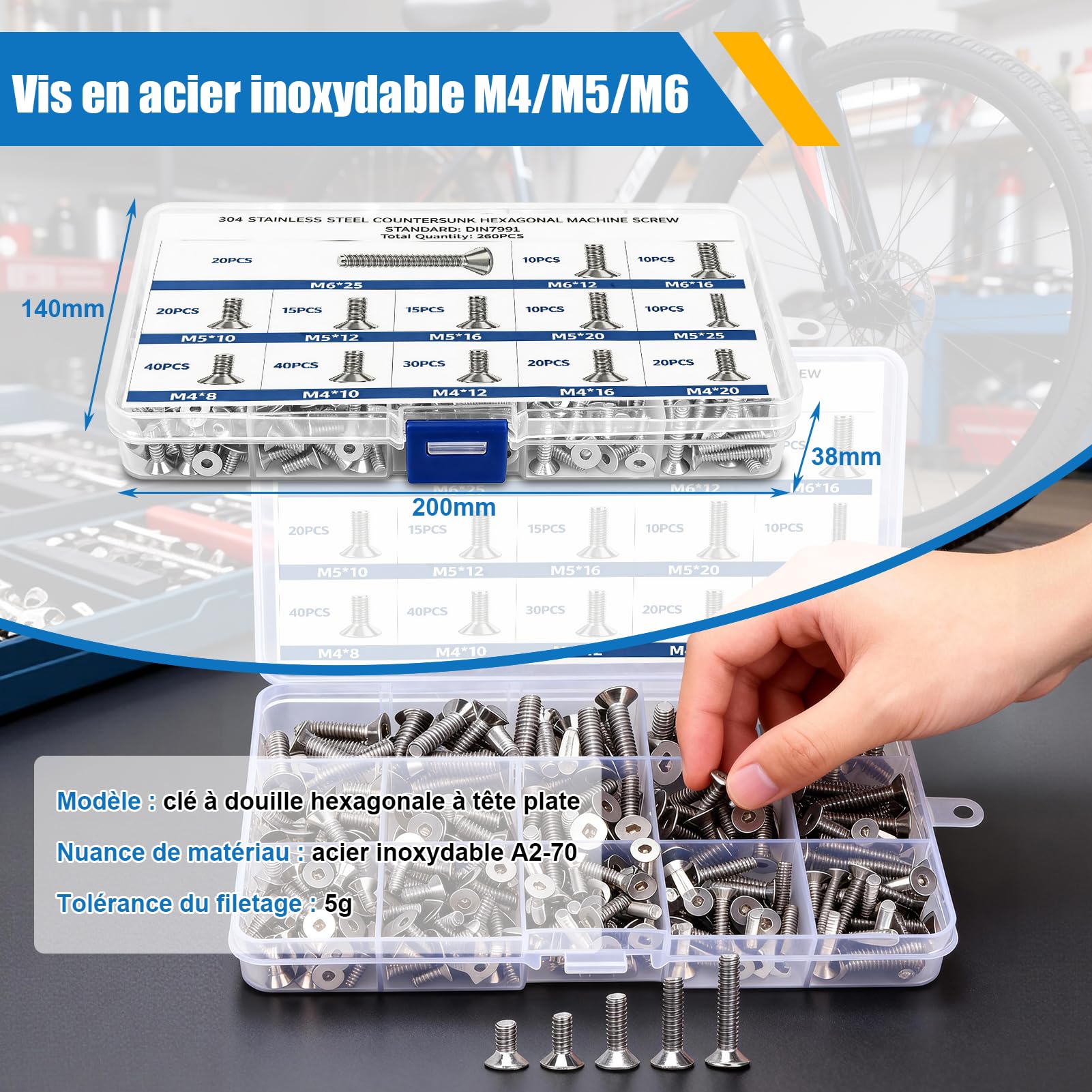 260 pièces de vis inox boulon en acier inoxydable M4/M5/M6, vis à tête fraisée, set de vis plates en acier inoxydable 304 pour l'industrie électronique, machines métriques, imprimantes 3D