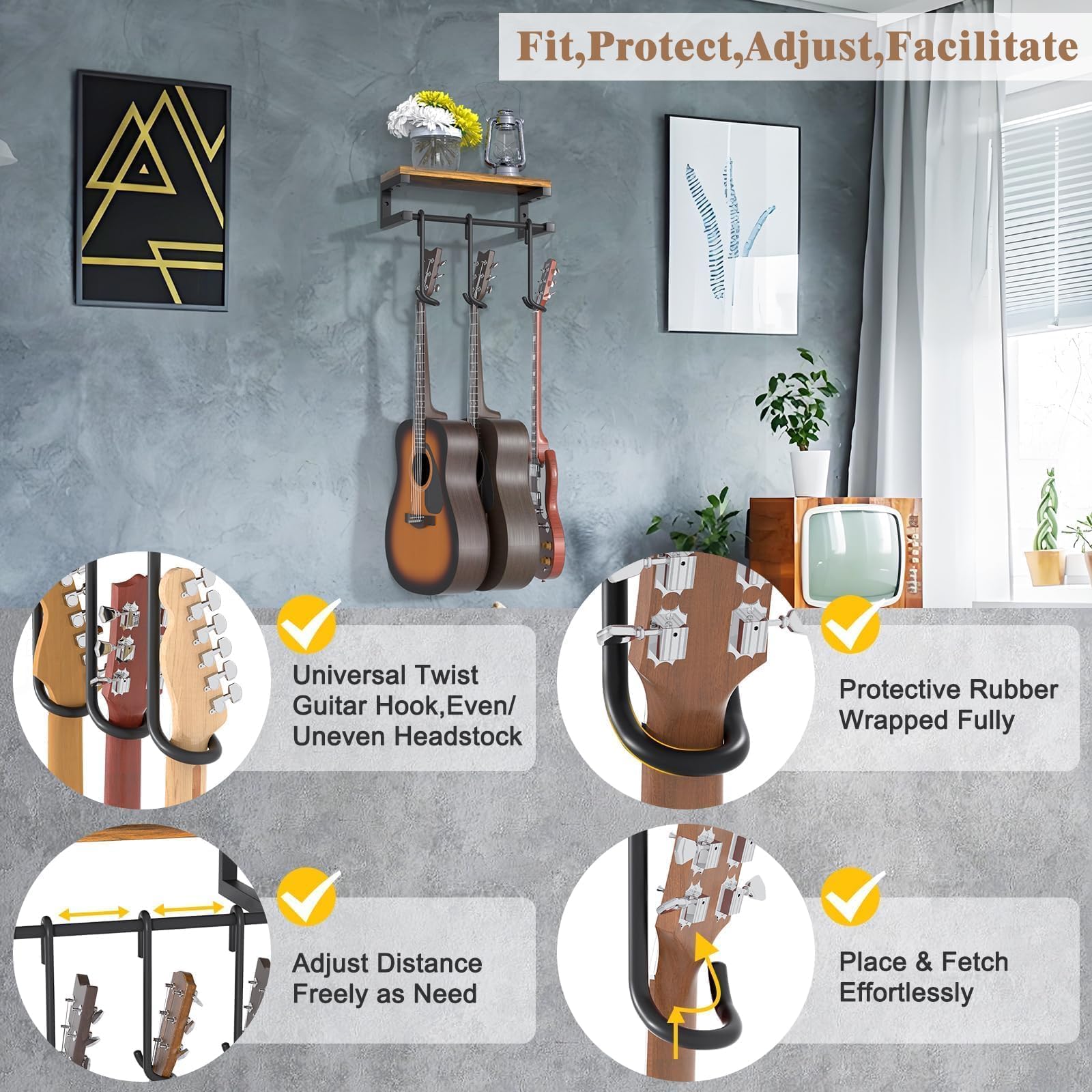 Uchwyt ścienny na gitarę VINCOURNA, 3 wieszaki ścienne na gitary z dużą półką, wielofunkcyjny uchwyt ścienny z haczykami do gitary elektrycznej, basowej, akustycznej, ukulele, skrzypiec, mandoliny