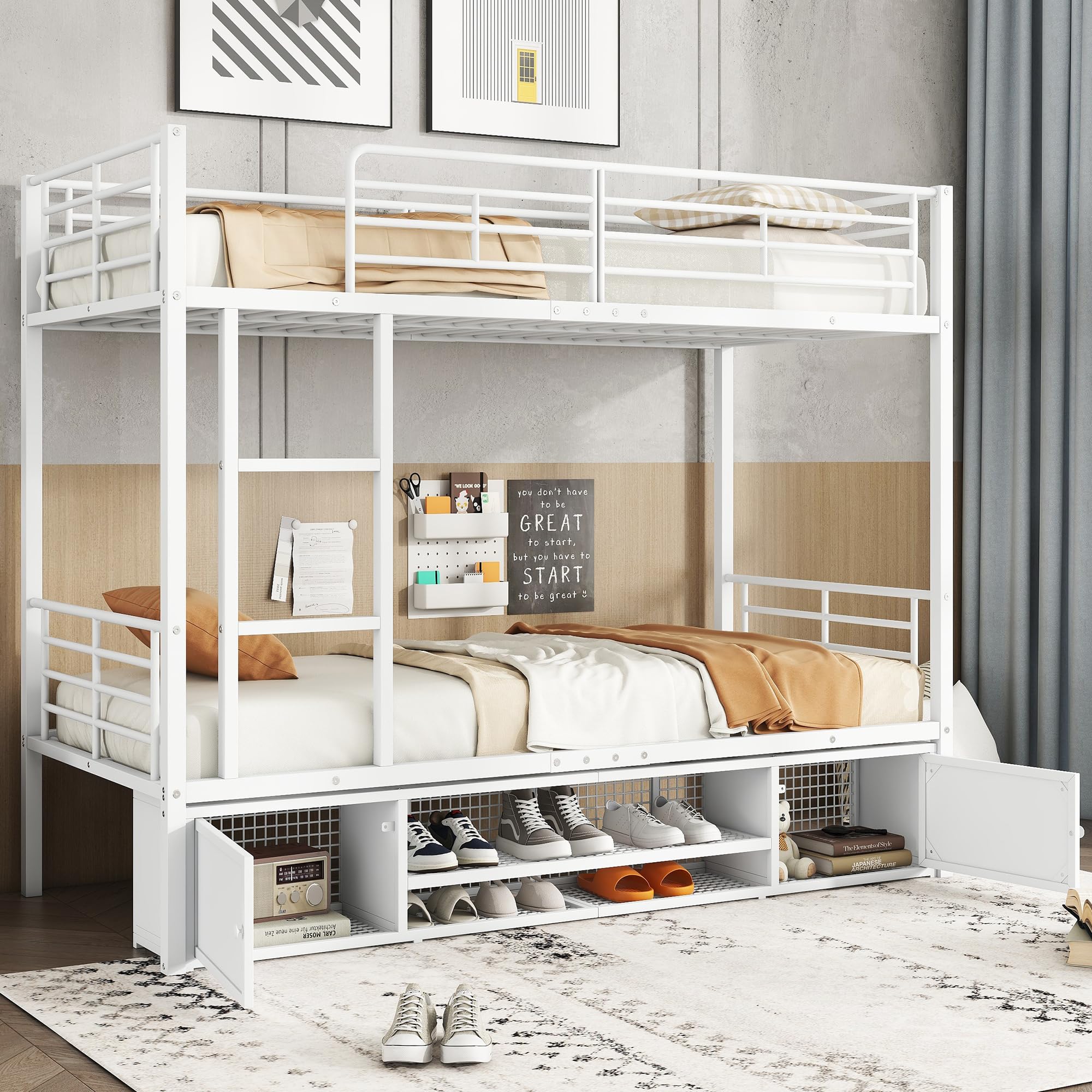 Litera de 90x200 cm con Zapatero Abierto y 2 Armarios, Literas Cama Infantil con Escalera y Protección Anticaída, Literas Infantiles Juveniles, Somier Metálico, Sin Colchón, Blanco