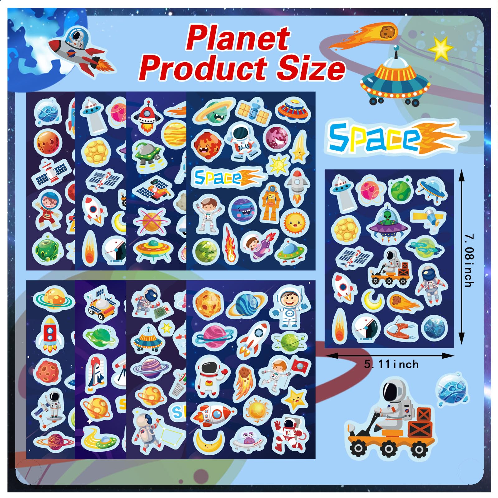 24 Sheets Space Themed Sticker Set - 8 Planets, Astronauts, Spaceships, and Rockets Explore Space Stickers for Kids Outer Space Themed Party Favors