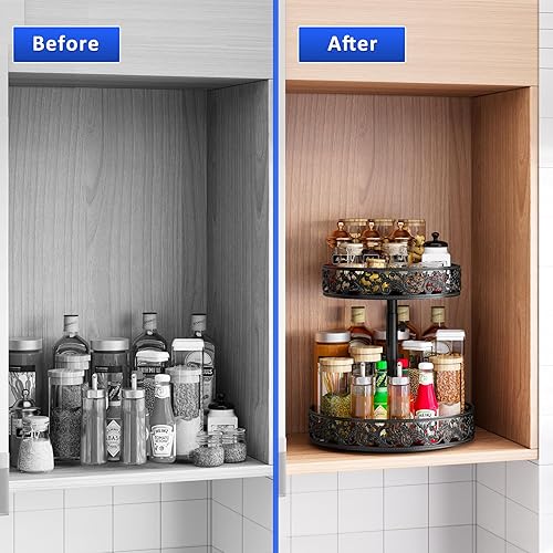 Miniatura 4 de Lazy Susan Organizador de 2 niveles de altura ajustable de metal para especias de 12 pulgadas, plato giratorio grande para encimera de cocina, mesa