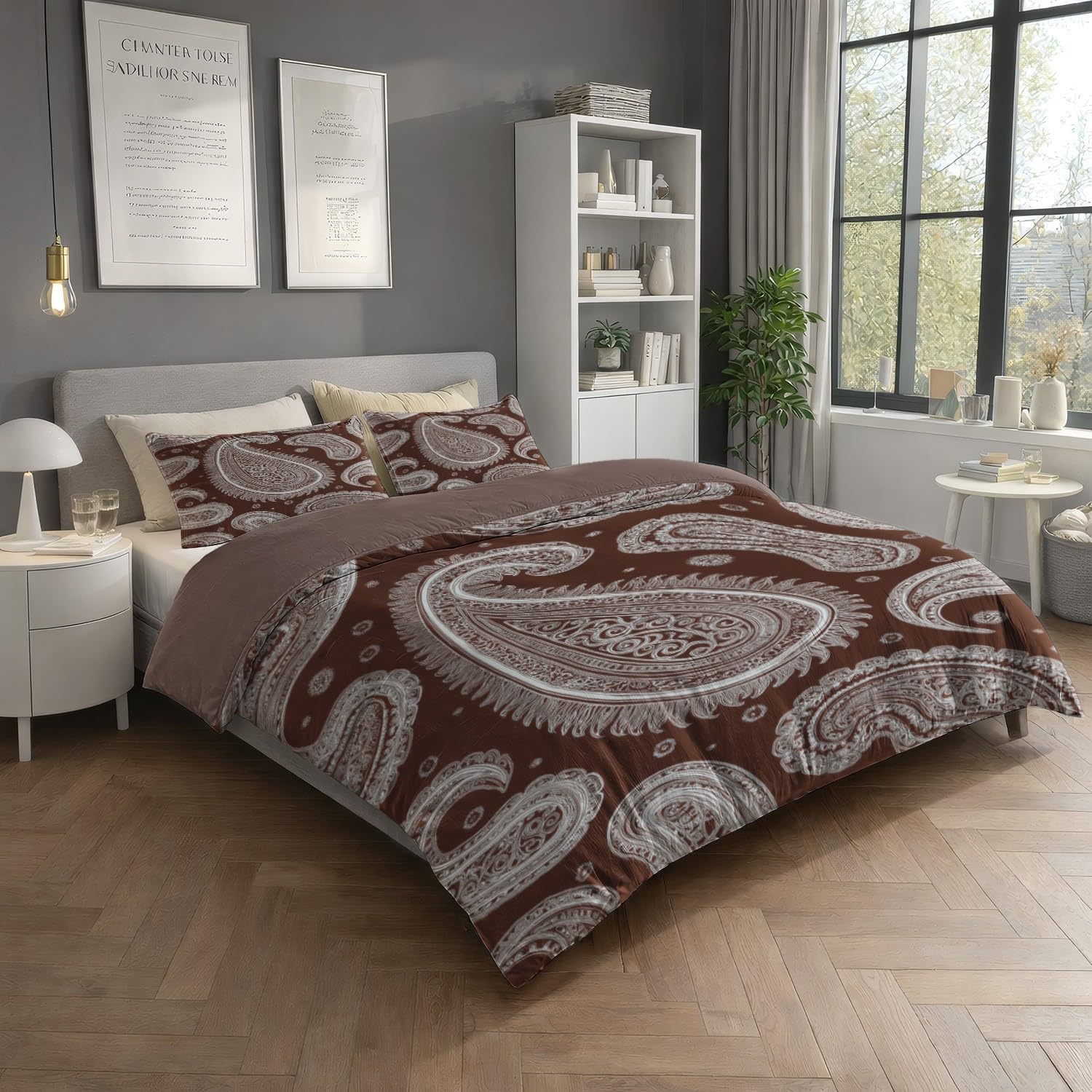 Generic Zestawy poszewek na kołdrę w rozmiarze king size, minimalistyczna, nowoczesna, delikatna pościel z wzorem paisley, brązowo-biała, dwustronna, oddychająca, hipoalergiczna, zestaw pościeli z