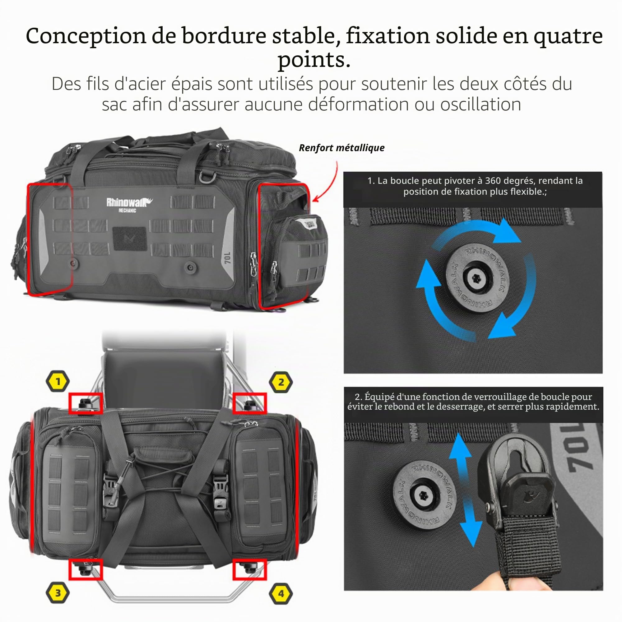 Rhinowalk Sac de queue de moto – Bagage de voyage extensible de 50 à 70 L, sac de selle de sport, sac de casque étanche avec housse de pluie, sac à dos et système Molle, noir