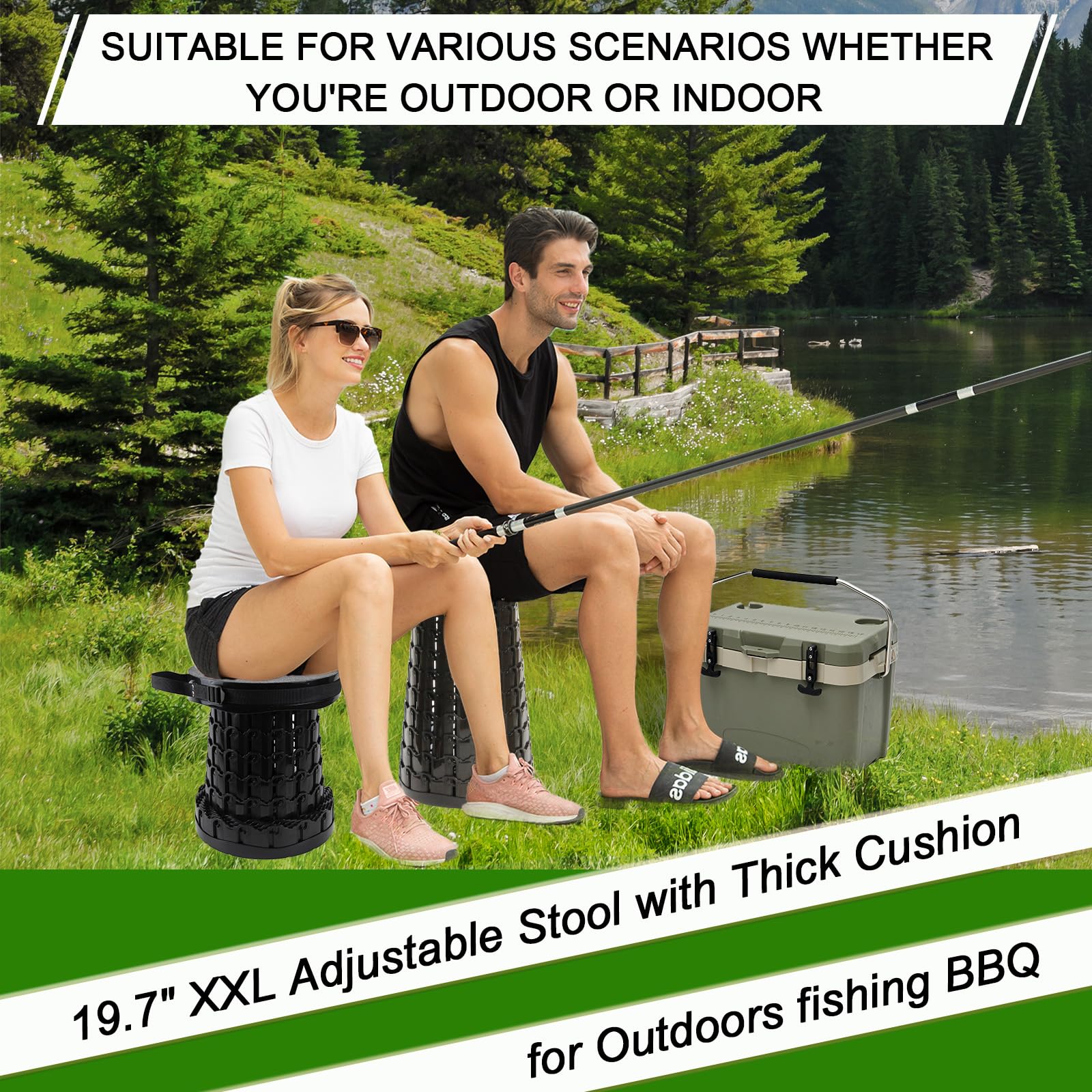 Upgrade XXL Collapsible Stool mit Kissen, tragbare Hocker für Erwachsene, stabilerer Klappstuhl mit Ladungskapazität 1000 Pfund, einziehbarer Campinghocker für Outdoor, Wandern, Reisen