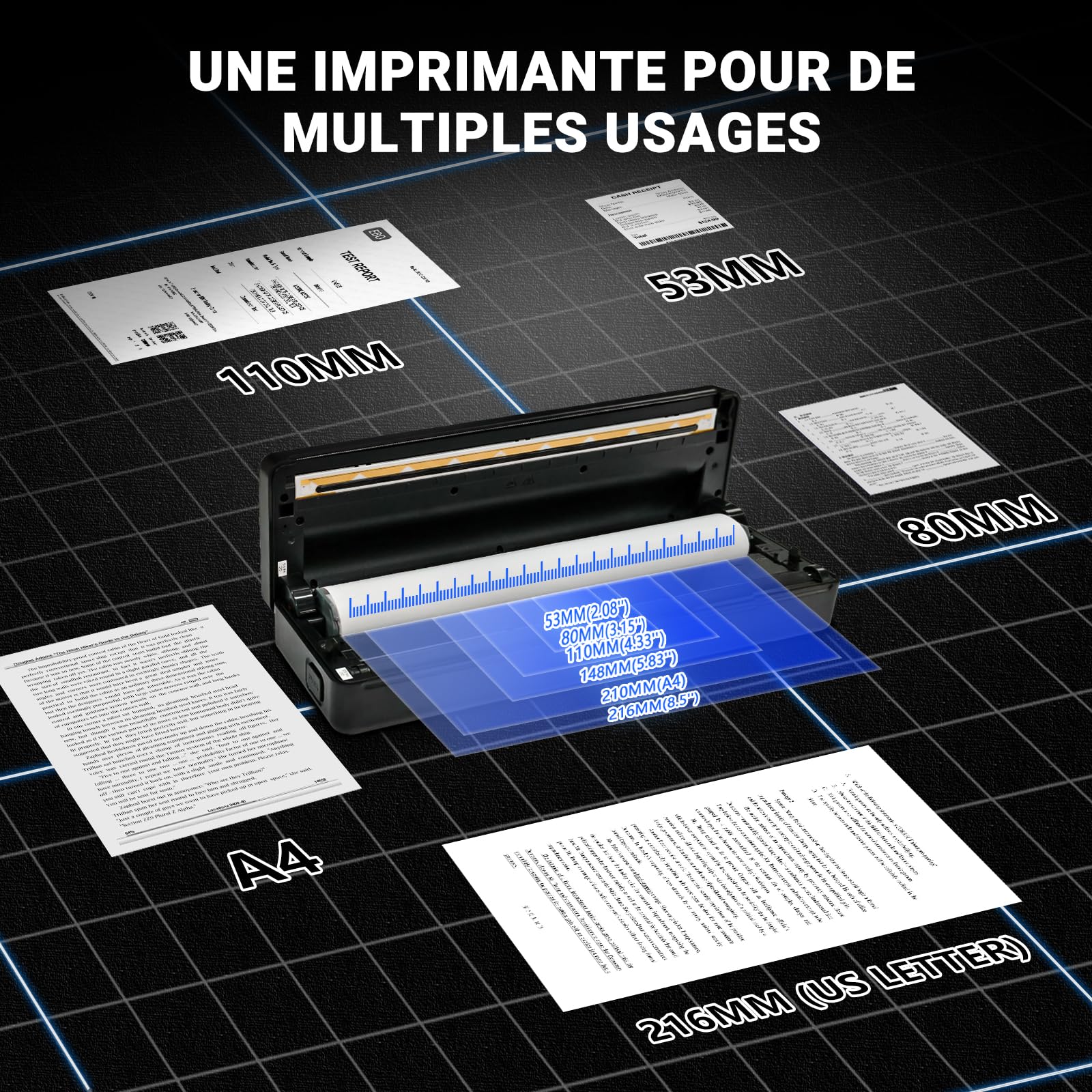 Imprimante Thermique A4 sans Fil Bluetooth Portable pour Voyage Compatible iOS Android Noir