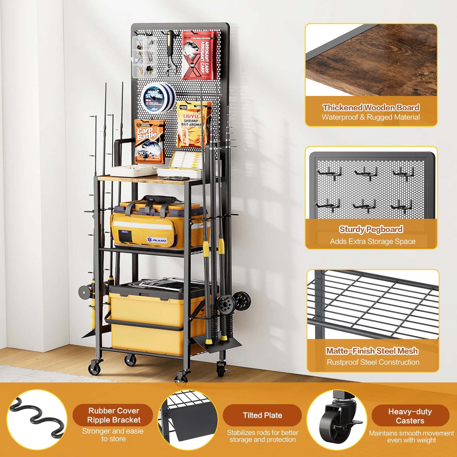 Bikoney Support Canne à Pêche pour Garage avec Panneau Perforé, Chariot de Rangement pour 8 Cannes et Moulinets, Organisateur de Matériel de Pêche sur Roulettes, Robuste et Gain de Place, Cadeau Homme