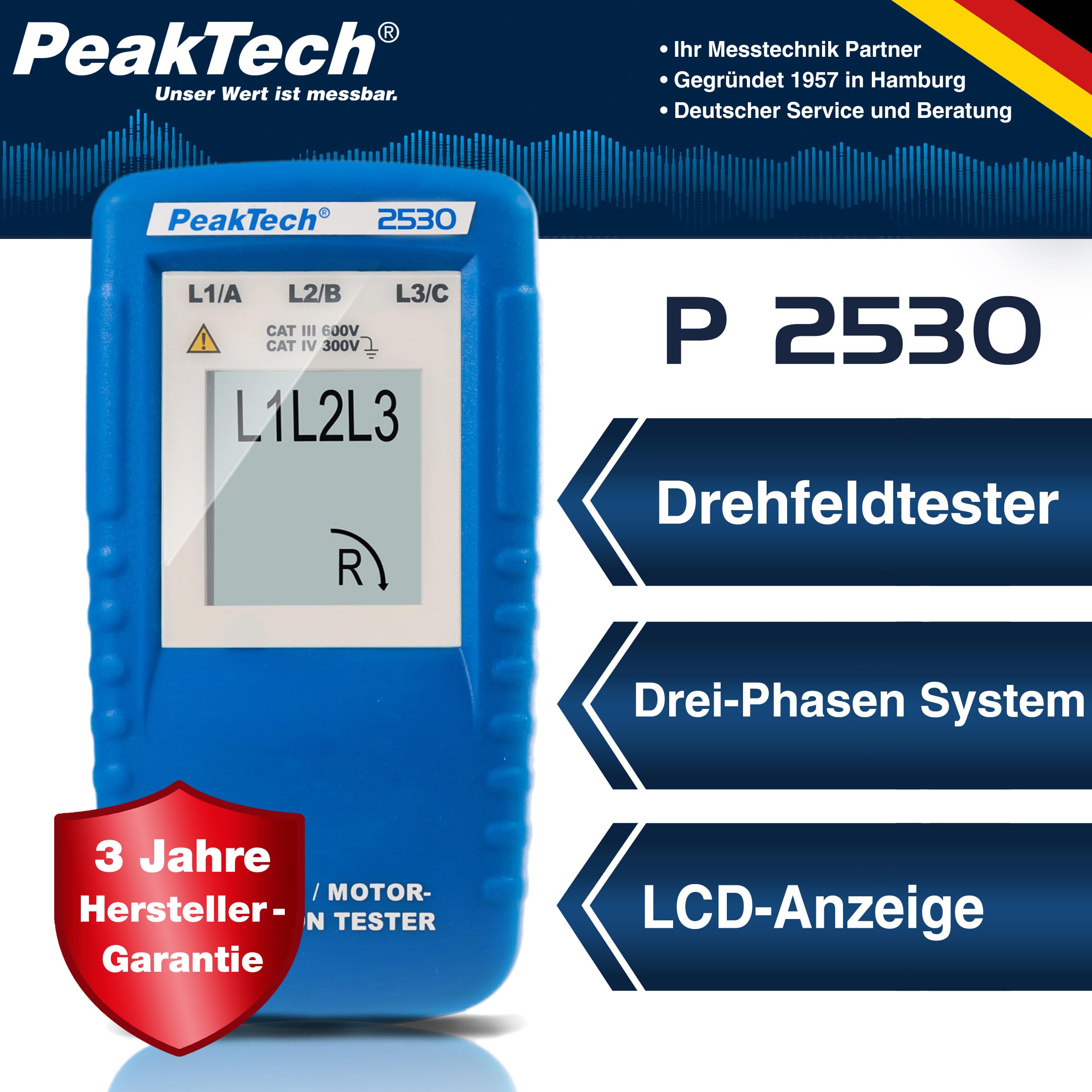 PeakTech P 2530, 3-Phasen-Drehrichtungsanzeiger