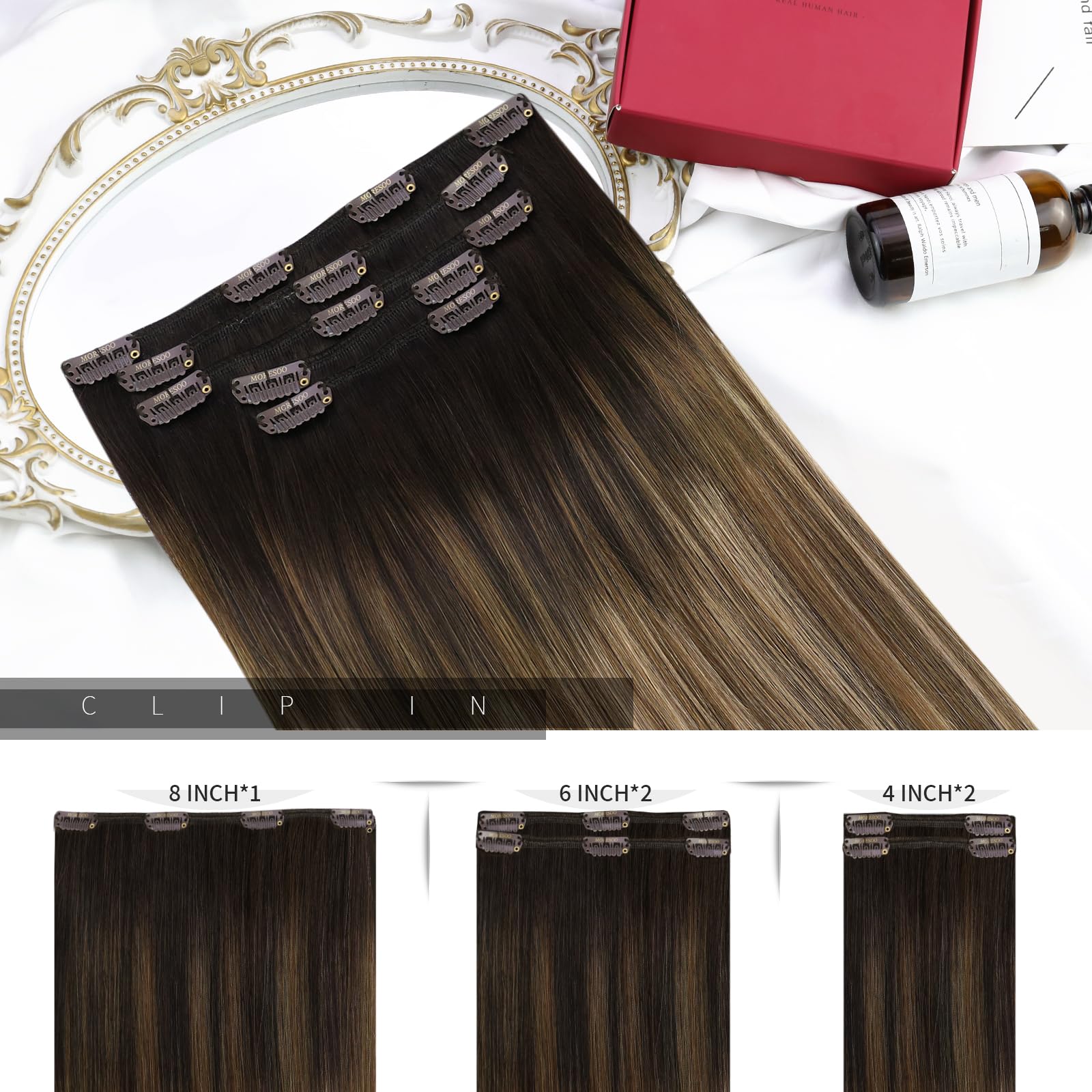 Moresoo Brown Clip in Hair Extensions Balayage 16 Inch Ombre Golden Brown with Honey Blonde Hair Extensions Clip in Real Human Hair 80g 5 Pieces Straight Hair #4/10/16 - Image 3