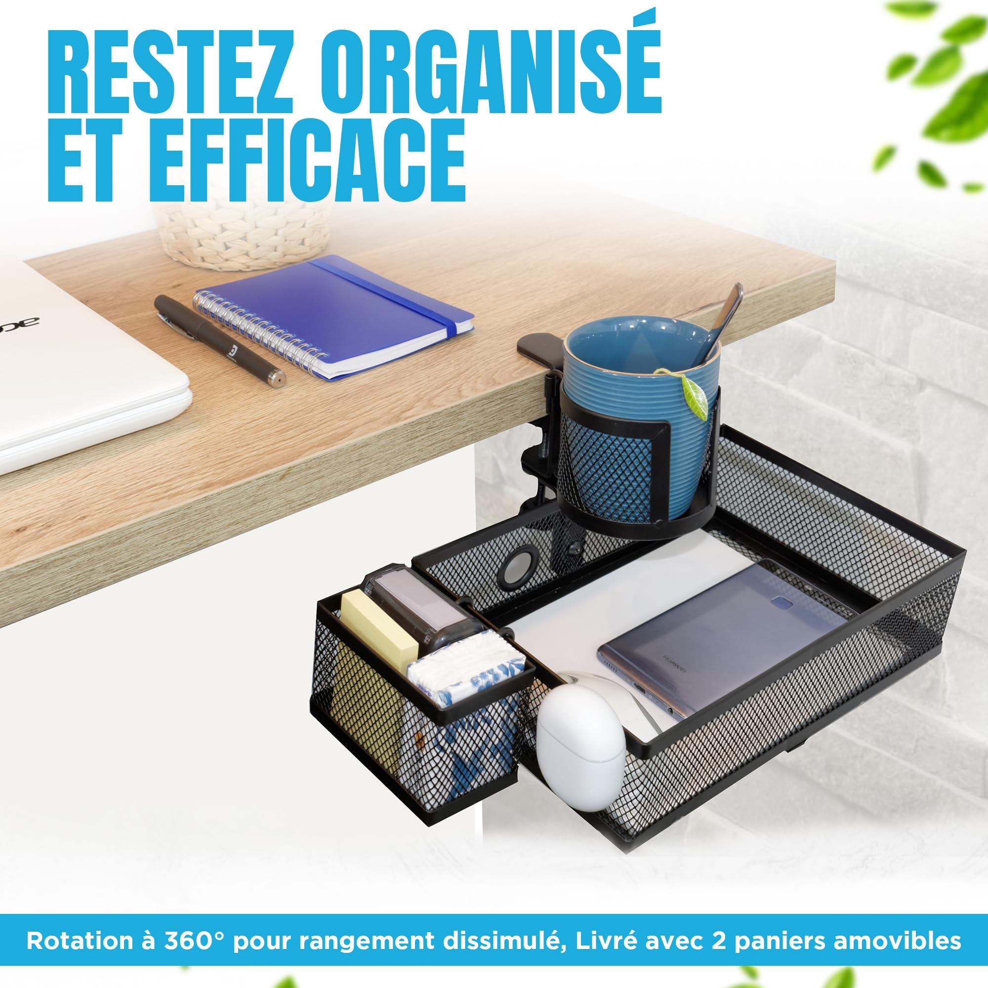 Organizer da scrivania con rotazione a 360 gradi, con supporto per telefono e tazza (340 x 250 x 70 mm)