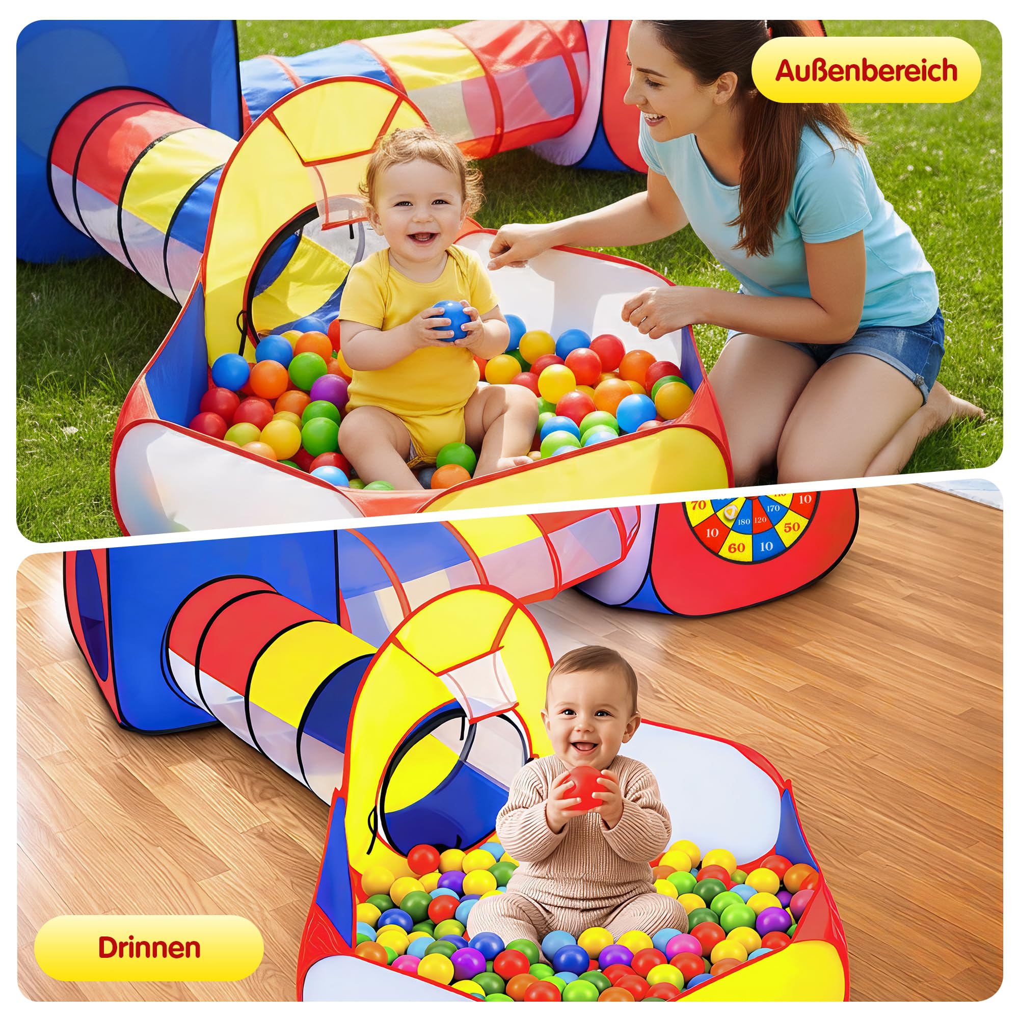 all Kids United® Spielzelt mit Tunnel, Bällebad, Krabbel-Tunnel & mehr (ohne Bälle) XXL Spielland 5-teiliges Pop-Up Spiel-Haus mit Tasche
