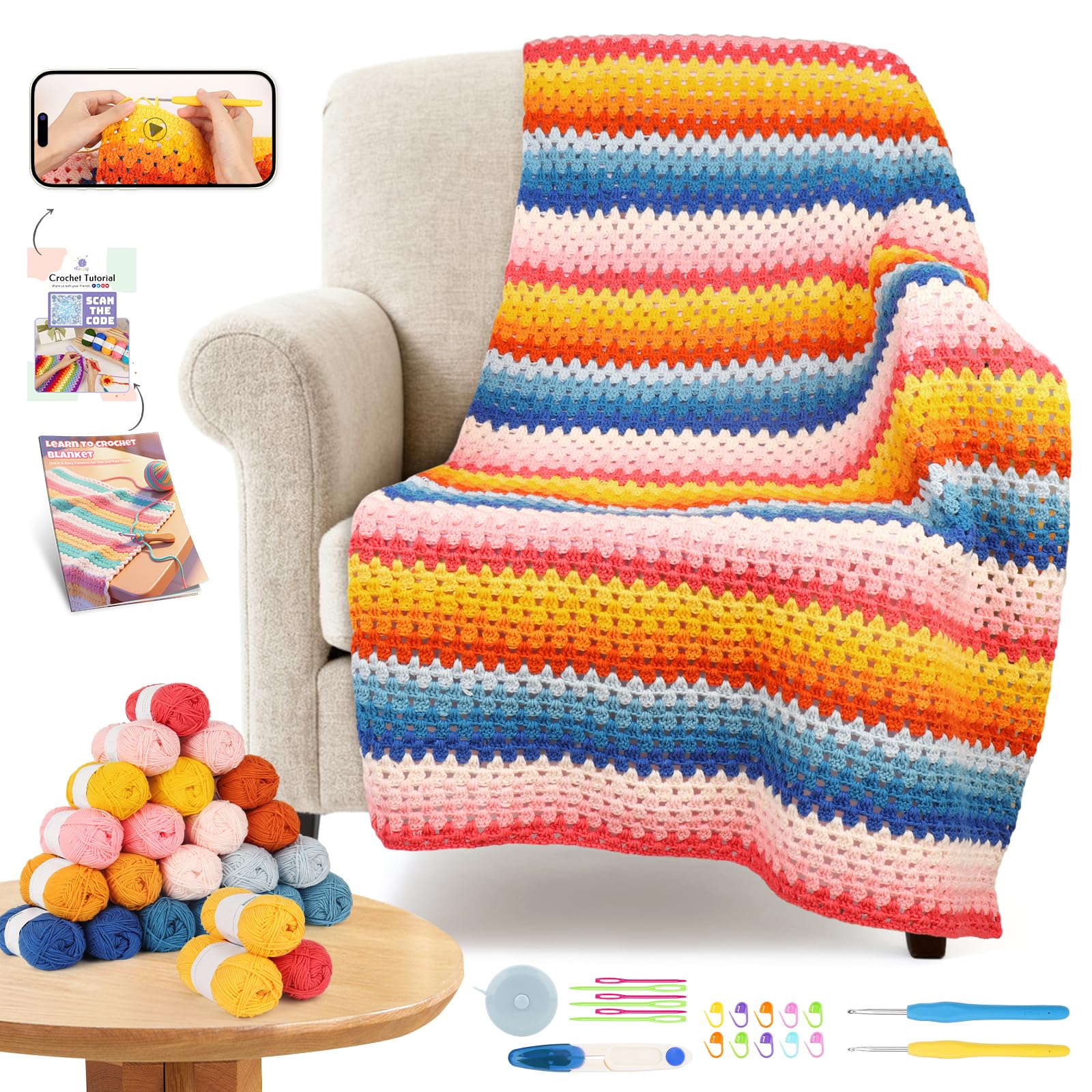 Reessy Crochet Kits for Beginners Adults, Crochet Blanket Kit with Step-by-Step Video Tutorials, Instruction, Enough Yarn & Crochet Accessories - for Crocheting Pretty Granny Striped Blanket