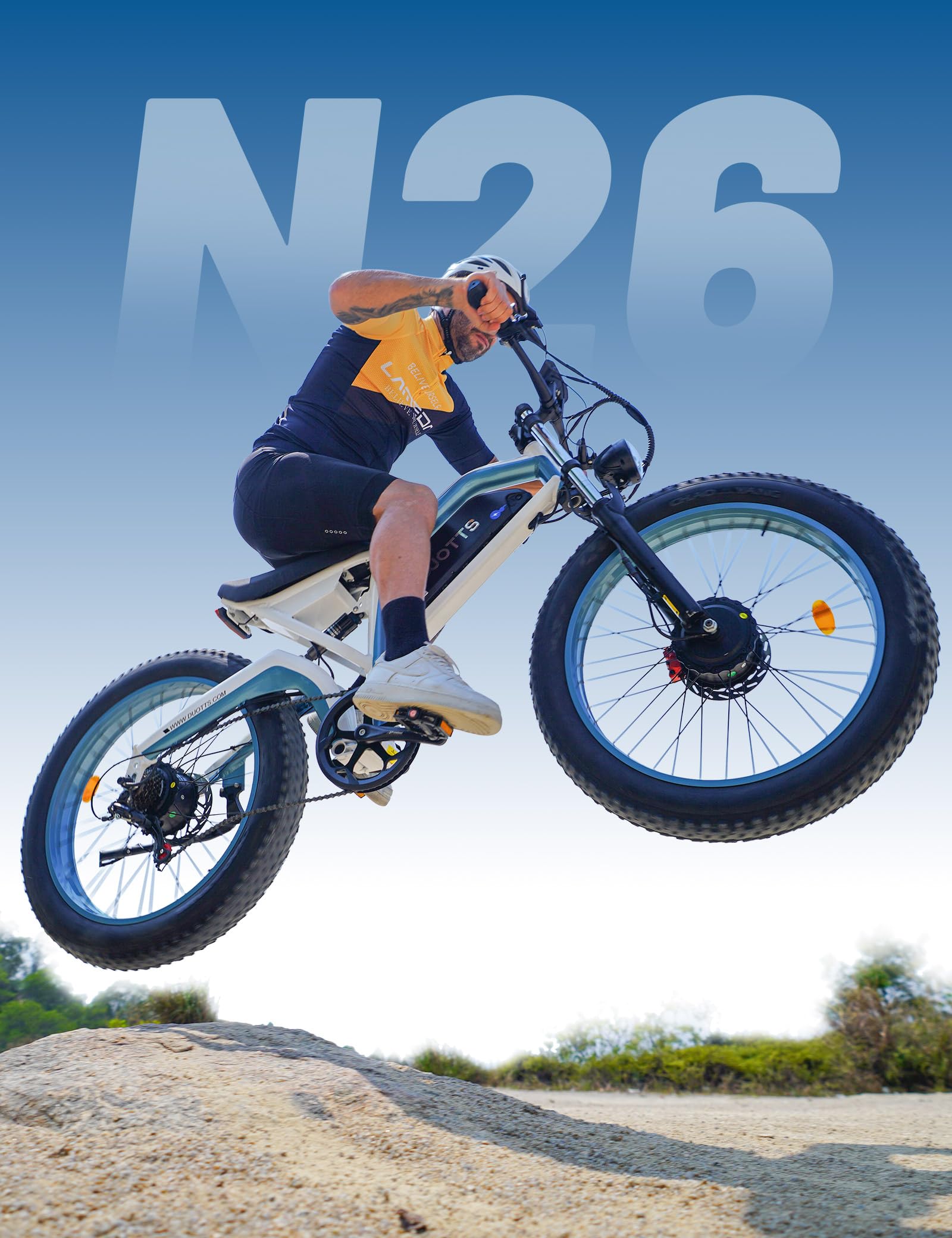 N26 Bici Elettrica Doppio Motore Uomo, Fat Tire 26 x 4.0 Ebike Mountain con 250W Batteria 48V 20Ah, Autonomia di 120Km (PAS), Adatta al Fuoristrada con Sospensioni Idrauliche & App Bluetooth