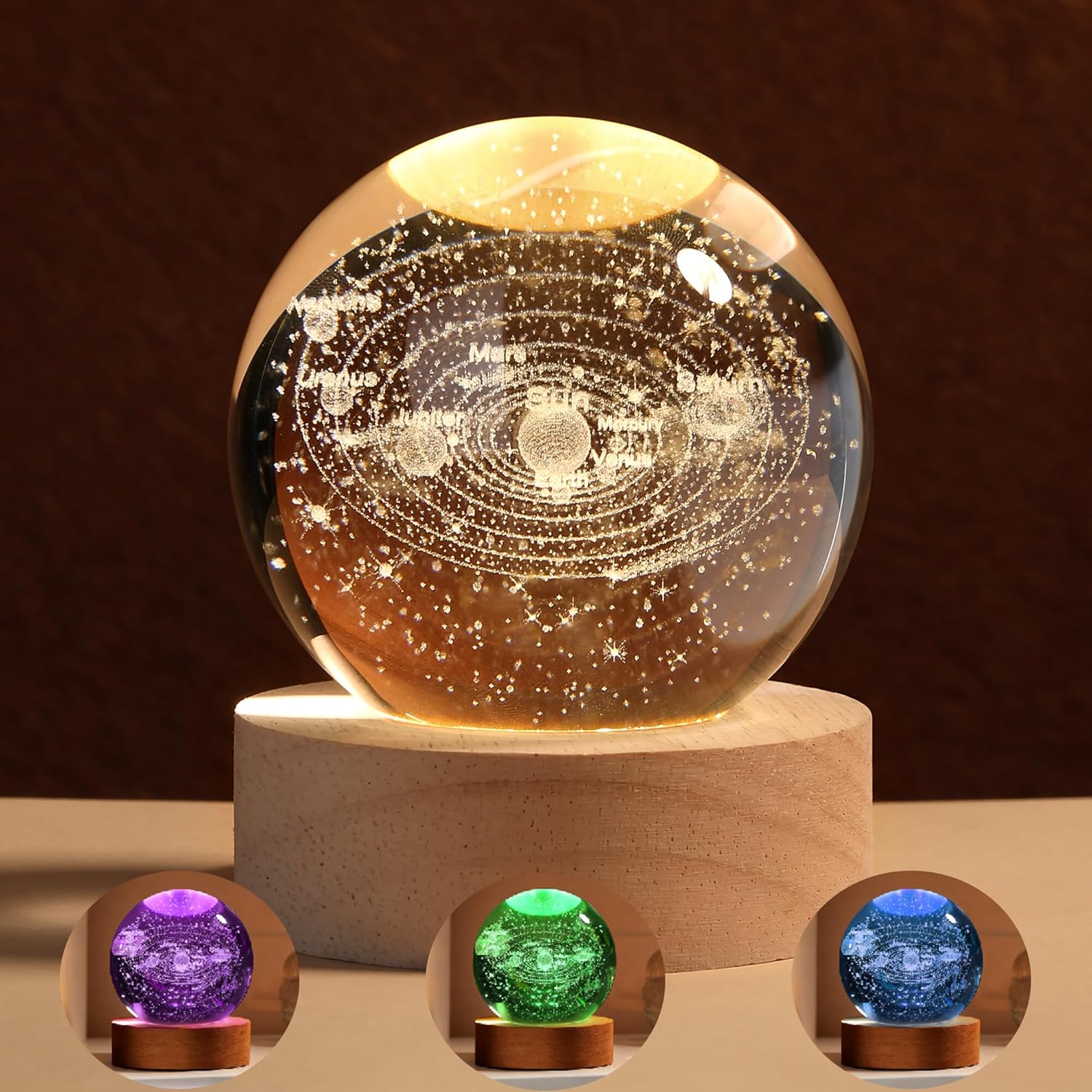 YATOJUZI 3D Solar System Crystal Ball 2.4″ Universe Gifts Laser Engraved Glass Ball with Lighted Base Astronomy Decor Solar System Night Light Crystal Sphere Gifts for Space Model Collectors