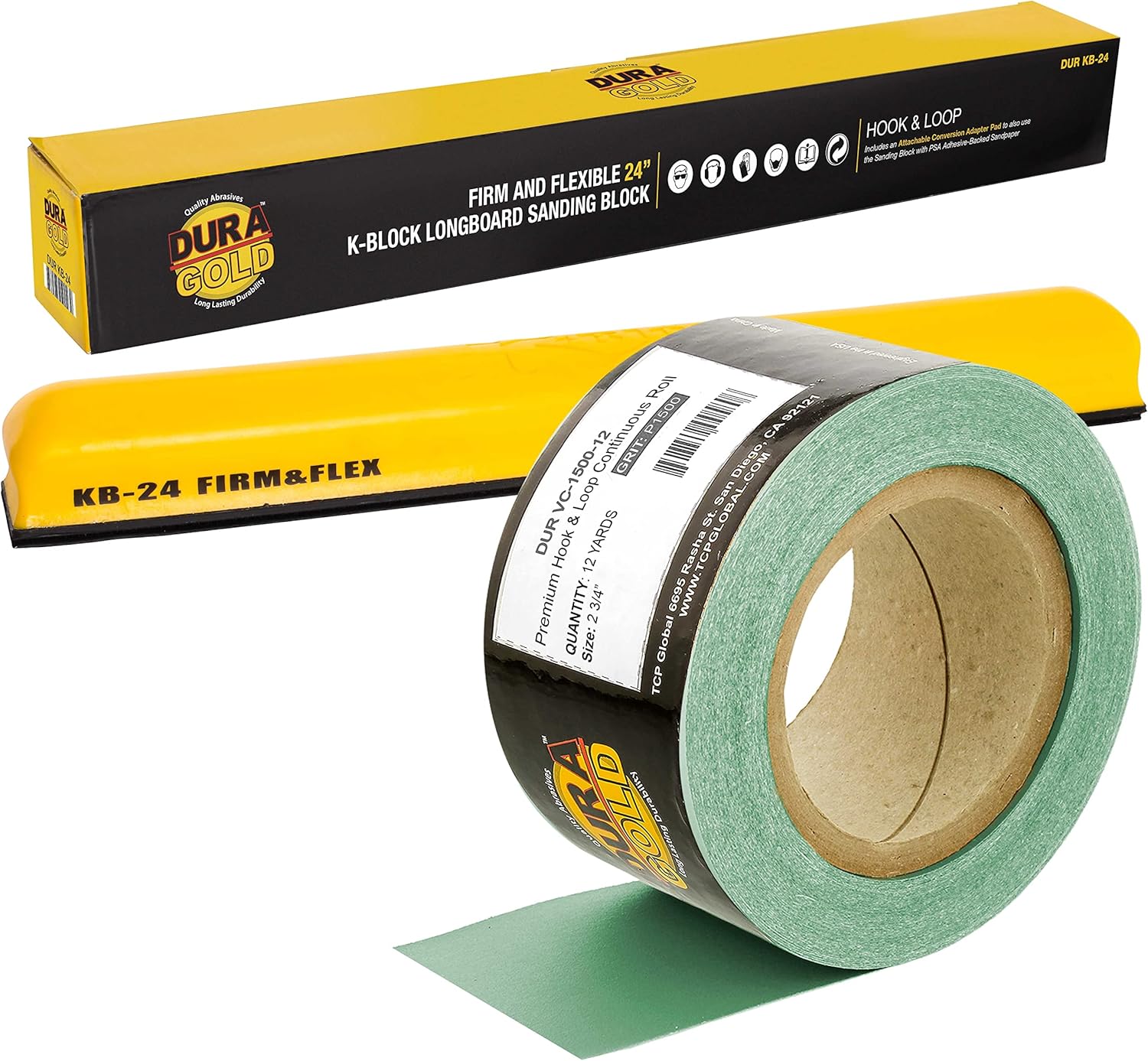 Dura-Gold Pro Series 24" K-Block Sander Firm & Flex XL Longboard Hand Sanding Block Pad with Hook & Loop Backing and PSA Adapter Pad & 1500 Grit Green Sandpaper Roll
