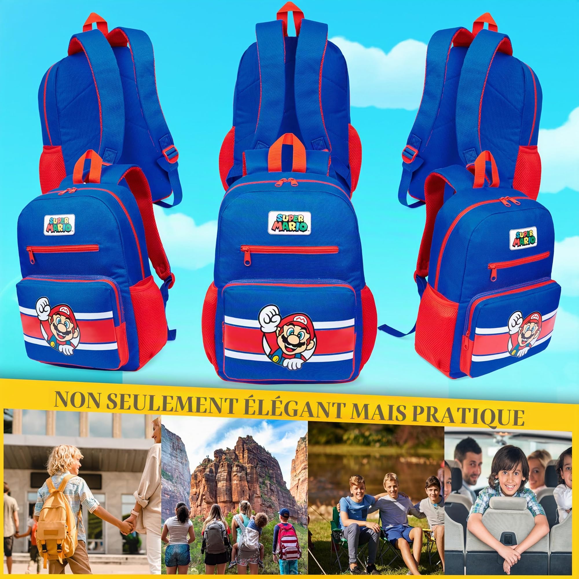 Super Mario Sac a Dos Enfant Garçon Fille Cartable Scolaire 6 Compartiments Sac Primaire Voyage Rentrée Cadeau Gamer
