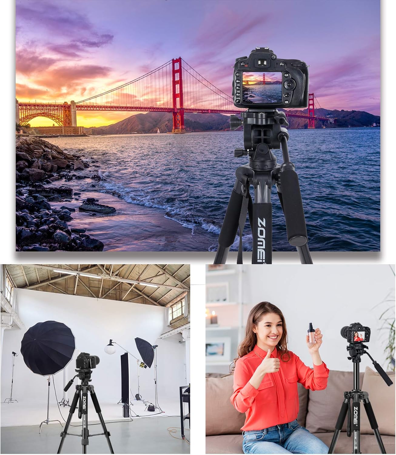 Fluid Head Video Tripod, Stable Tripod with 2-in-1 Monopod,1/4 inch Screws Fluid Drag Pan Head and Carry Bag for Nikon Canon Sony DSLR Cameras Video Camcorders