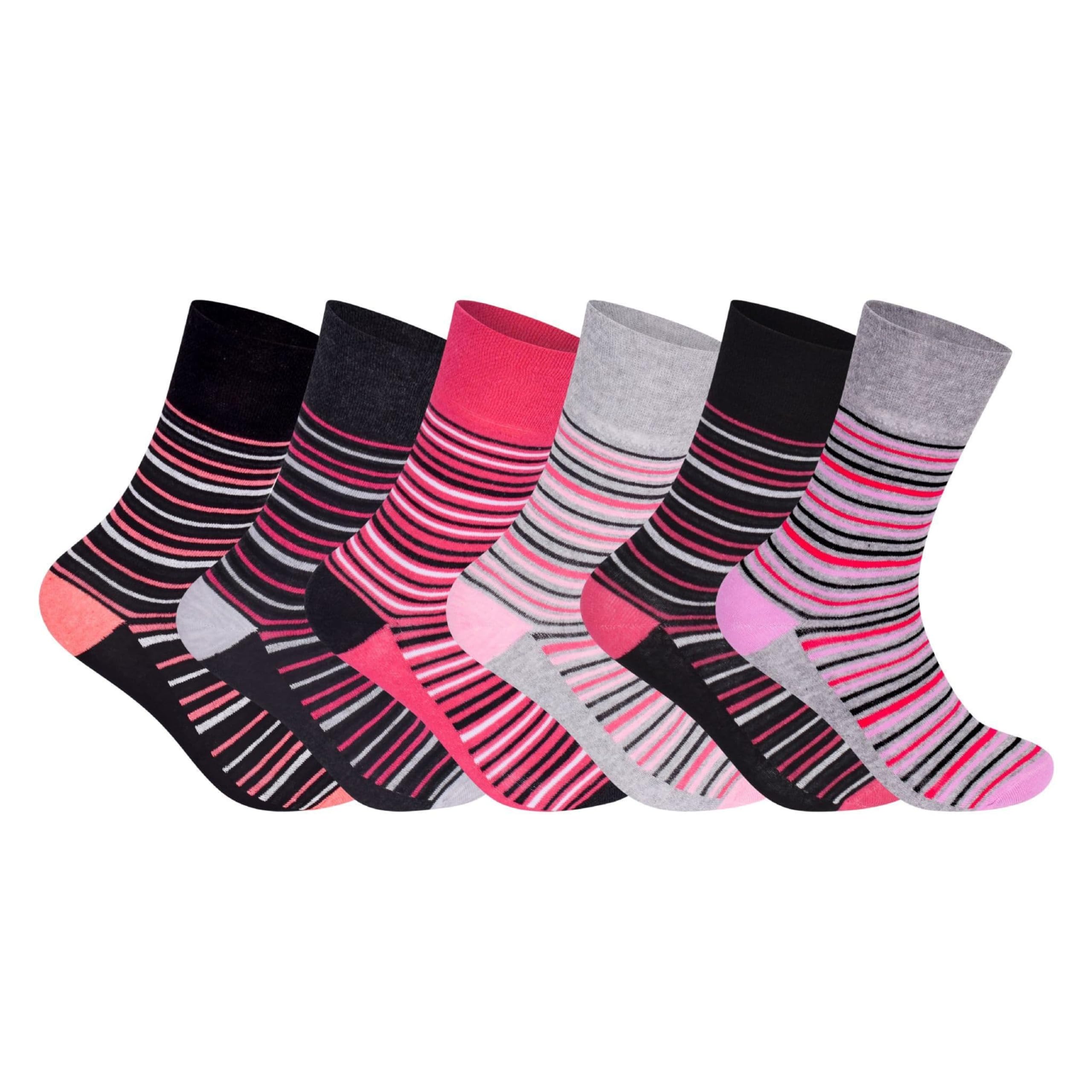 ShopMCR 6 Pairs Women’s Comfortable Diabetic Socks – Non-Elastic Cotton Loose Top Socks for Swollen Feet, Pregnancy, and Circulation Support – UK Size 4-8 (6 Pairs, Stripes)