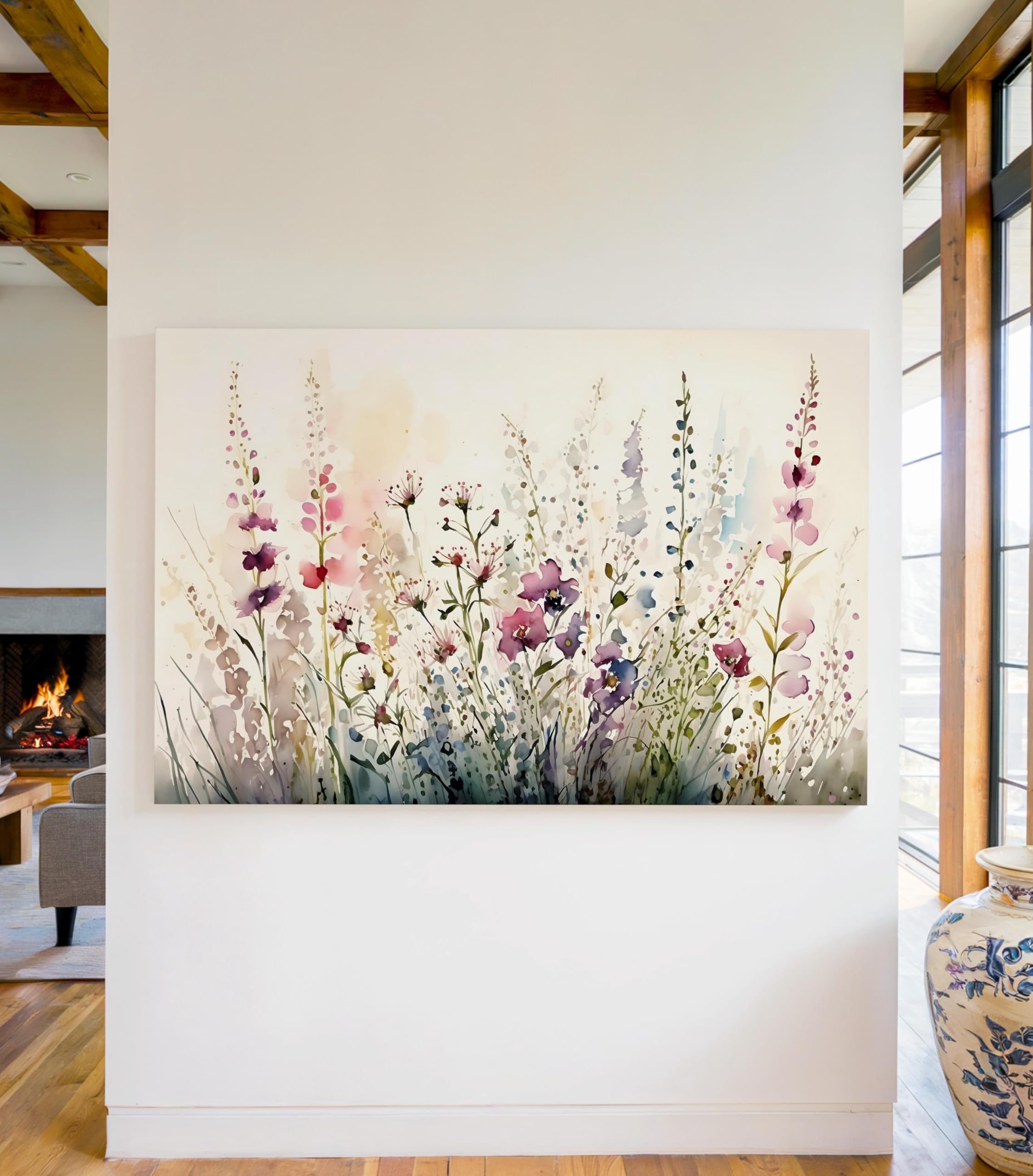 lianyibo Watercolor Floral Wall Art Wildflower Field Canvas Print, Soft Watercolor Wall Art, Pastel Meadow Nursery Decor(20x30cm/Frameless)