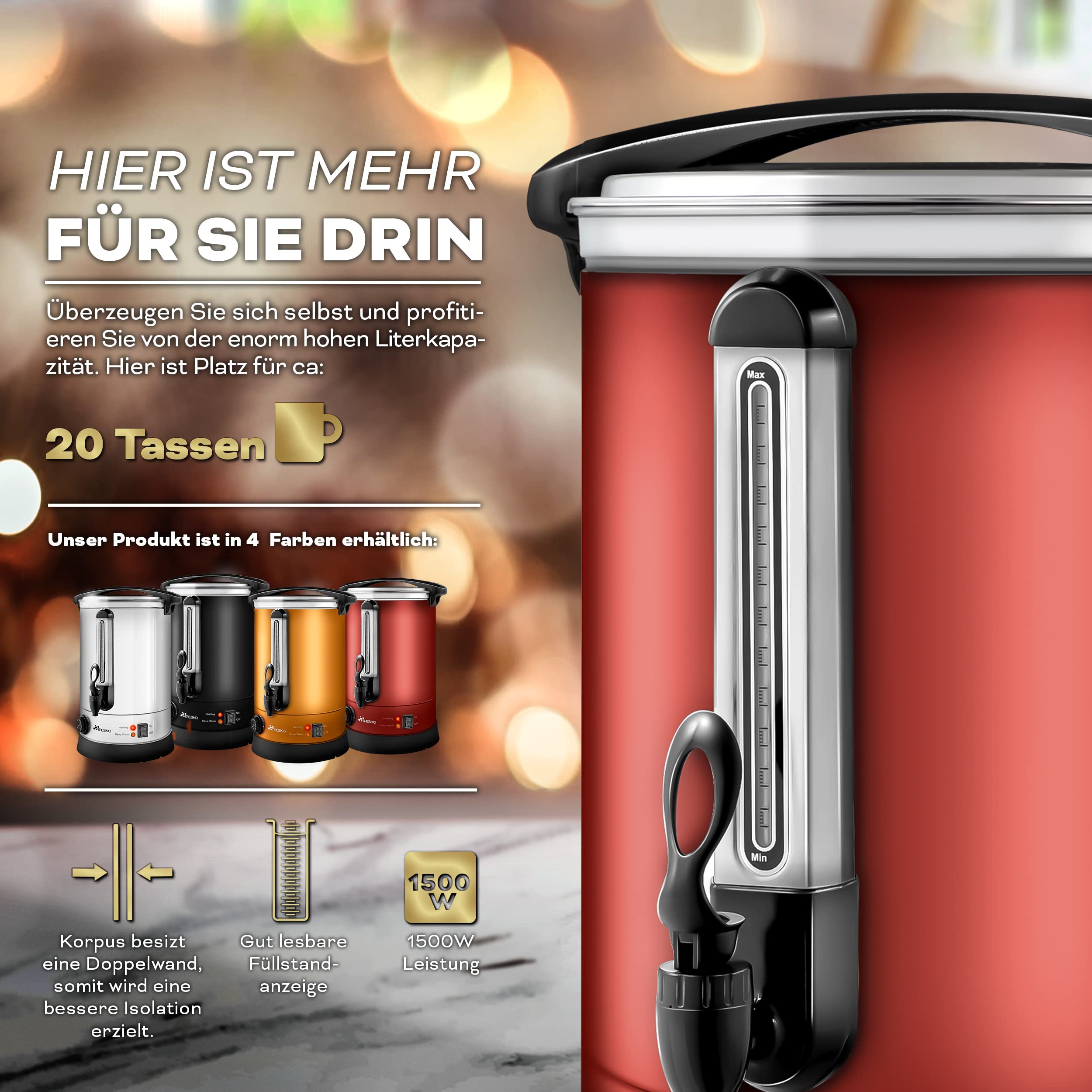 TRESKO® Bollitore per Vin Brulè 6,8L / 1500W Automatica da Cucina in Acciaio Inox Bollitore Vin Brulè Dispenser di Bevande Calde Distributore di Acqua Calda