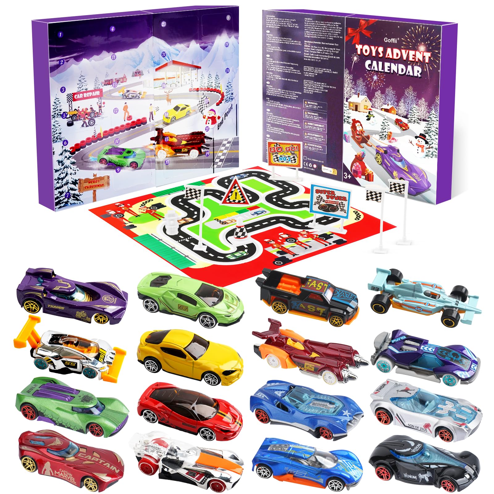 Calendario Avvento 2025, Calendario dell'Avvento per Bambini 3-12 Anni, Calendario per il Conto alla Rovescia di 24 Giorni Natale Regalo con 16 Macchinine, Mappa e 6 Personaggi dei Cartoni Animati