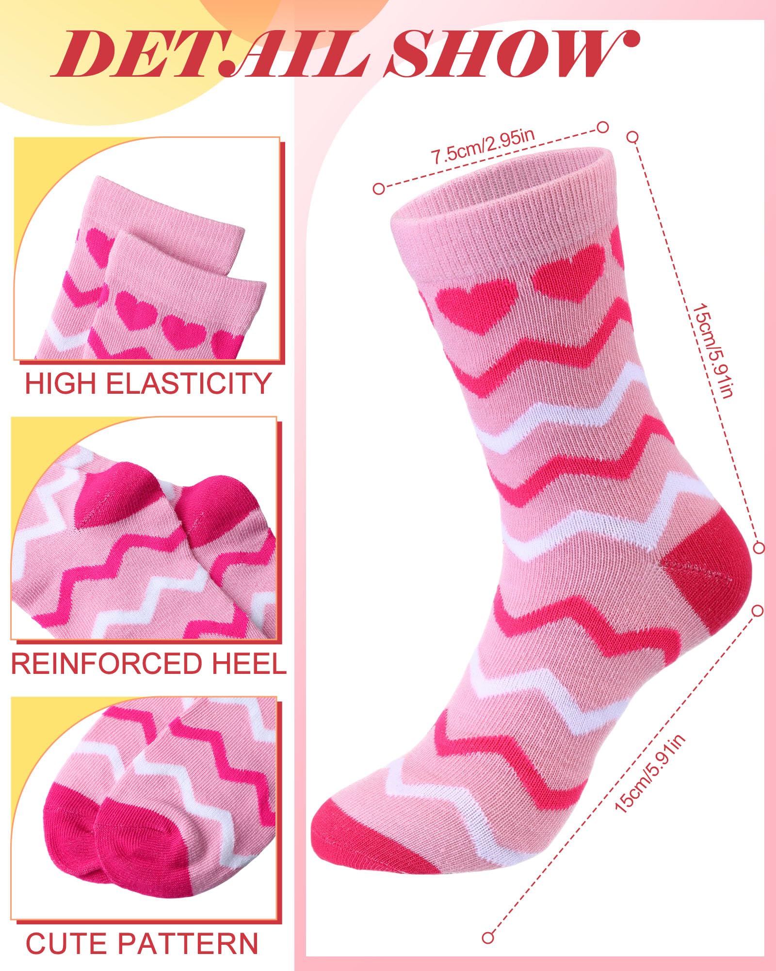 Chicingyou 16 Pairs Socks for Girls Kids Crew Cute Hearts Cotton Socks with Stripes Hearts Soft Casual Athletic for Outdoor