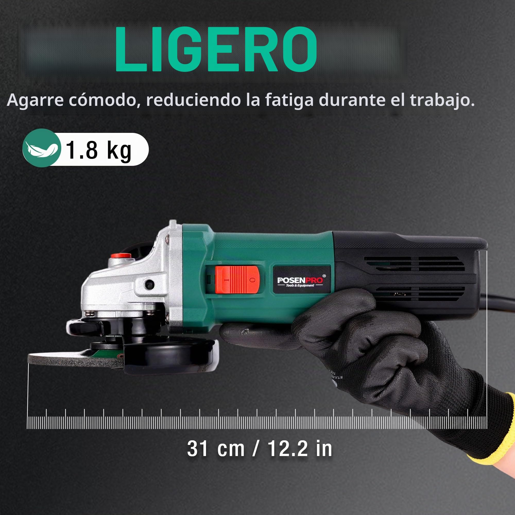 POSENPRO Amoladora Angular 1200W 125 mm, 3000-12.000 rpm, Cubierta de Liberación Rápida, Mango Auxiliar, 1,8 kg Ligera Radial para Corte y Pulir Metal, Madera, Cerámica y Piedra