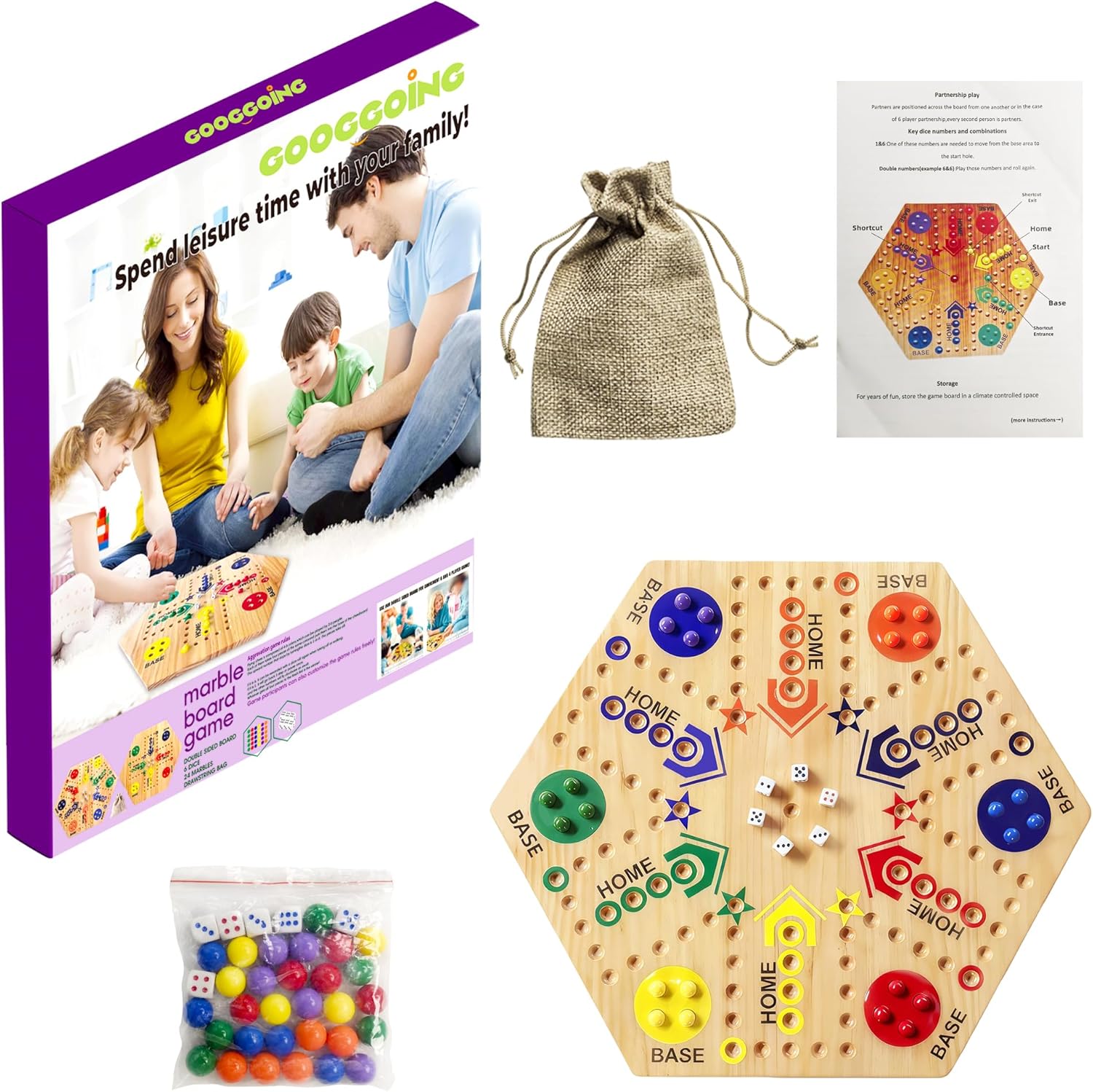 Wooden Board Game, Board Game Original Marble Game Double Sided Painted 2 to 6 Player Fast Track Wooden with 6 Colors 24 Marbles 6 Dice for Adults Kids Family(24 INCH)