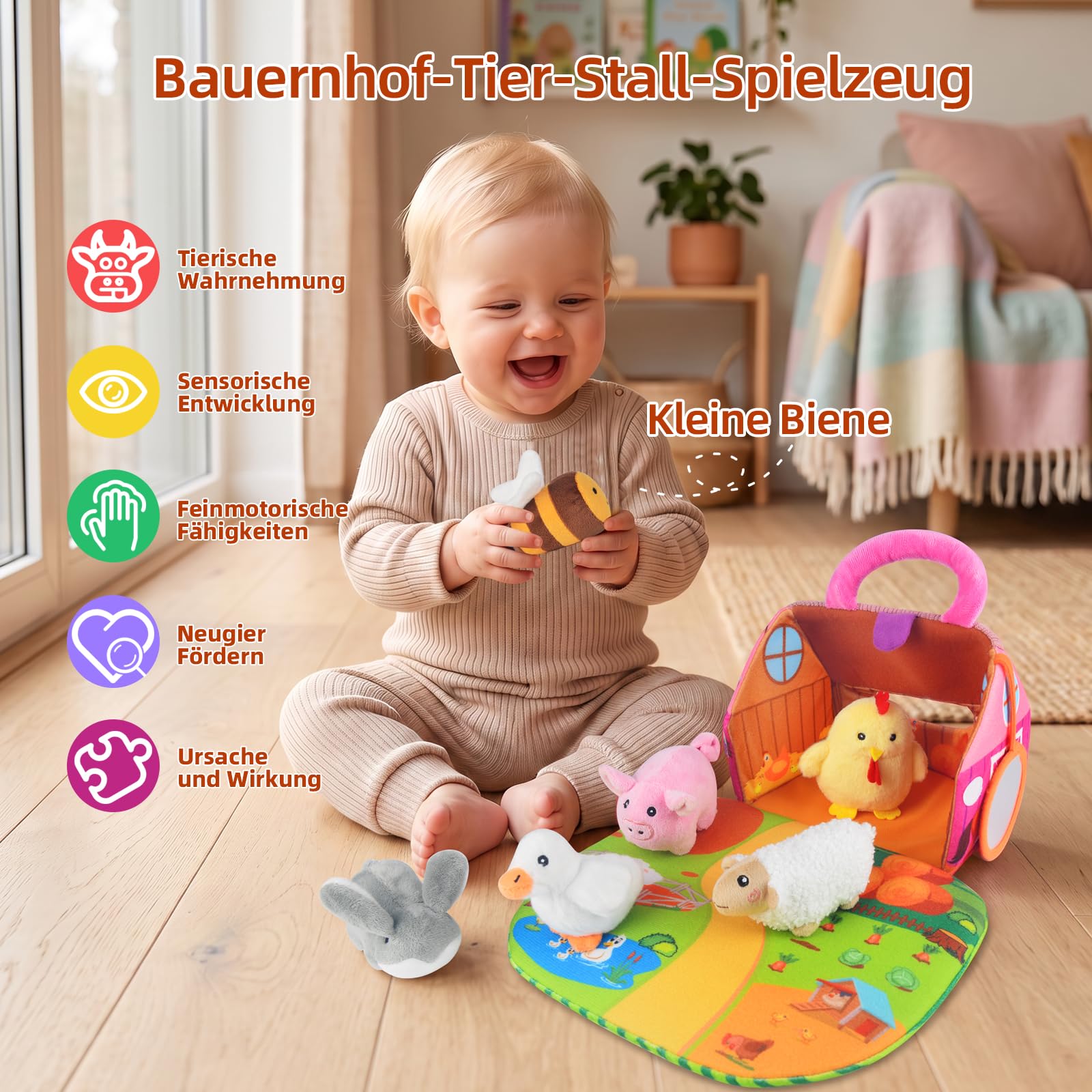 Baby Bauernhof Spielzeug ab 6 Monate, mit 6 Sensorik Plüschtiere und Faltbare Scheune, Quietsch & Rassel Montessori Spielzeug Baby, Geschenk für 6 9 12 Monate 1 Jahr Junge Mädchen