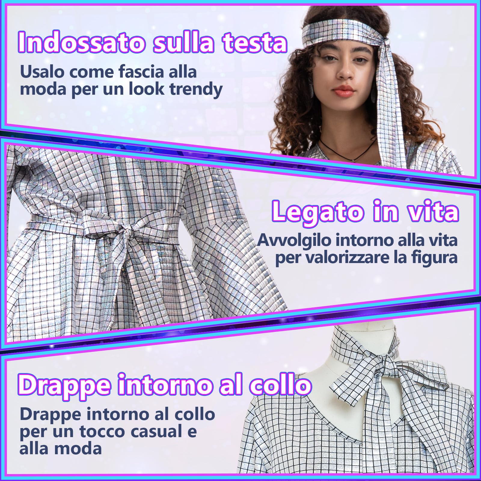 Ulikey Costume da Discoteca da Donna, Brillante 9 Pezzi Set da Discoteca da Donna Vestito Anni 70 con Orecchini, Collana, Occhiali da Sole, Parrucca per Carnevali, Riunioni di Famiglia