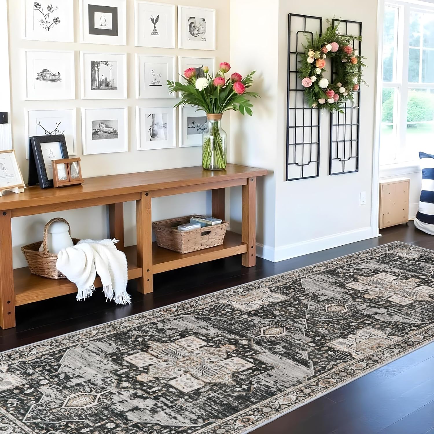 RUUGME Hallway 3x10 Runner Rug - Washable Rugs with Non Slip Backing Ultra Thin Stain Resistant Carpet for Kitchen Living Room Bedroom Vintage Tribal Rugs for Floor Decoration Mat 3x10 Black - Image 4