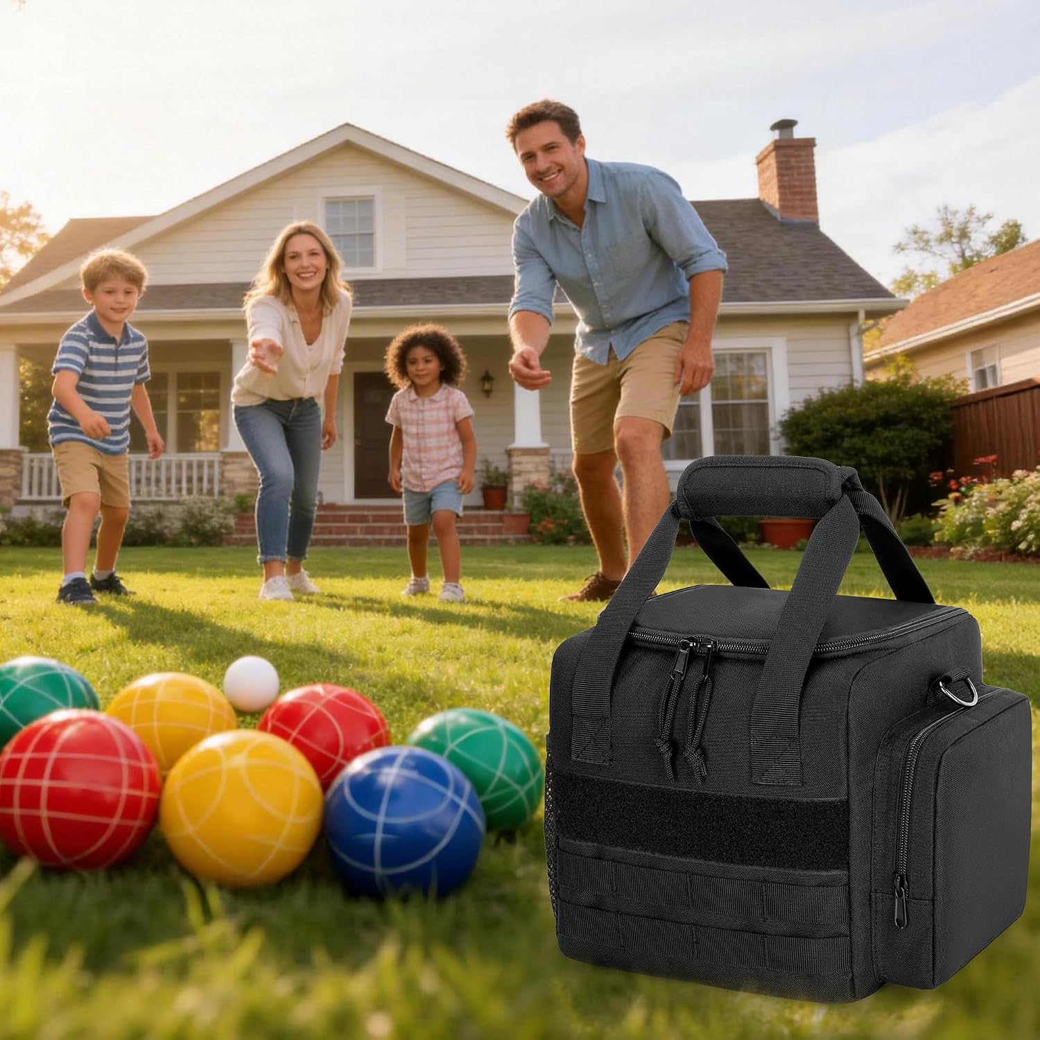 DSLEAF Bocce Ball Carry Bag for 8 Balls, Bocce Ball Storage Bag with Padded Handle and Detachable Shoulder Strap for Easy Carrying(Only Bag, Not Including Balls)