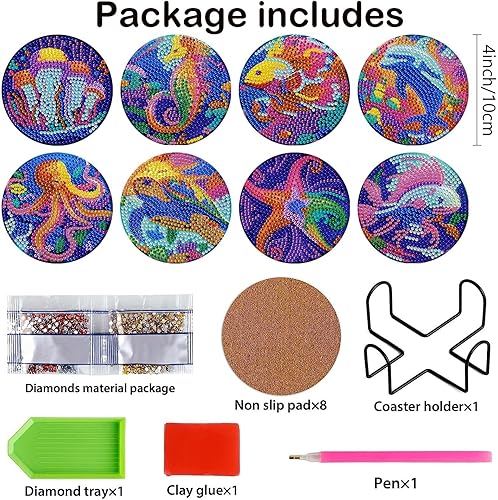 Miniatura 2 de Juego de 8 posavasos de pintura artística de diamantes con soporte para bricolaje criaturas del fondo marino, posavasos de arte de diamante,