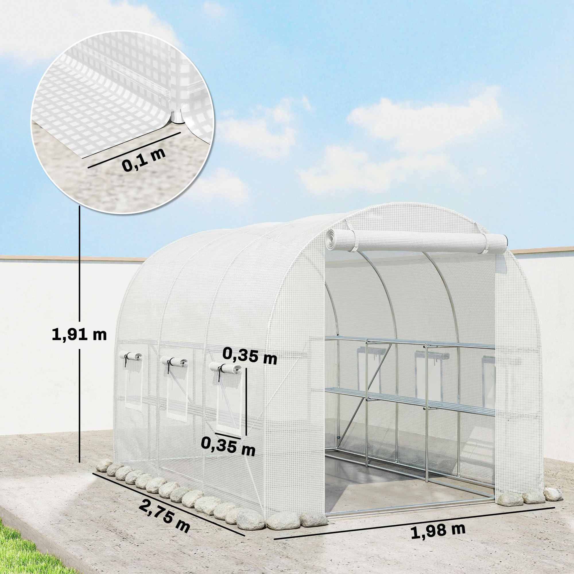 Outsunny Gewächshaus ca. 2,7 x 2 x 2 m Foliengewächshaus mit Regalen Rollbar Reißverschlusstür 6 Netzfenster Stützstangen, UV-beständig Folientunnel, Winterfest Tomatenhaus, Weiß