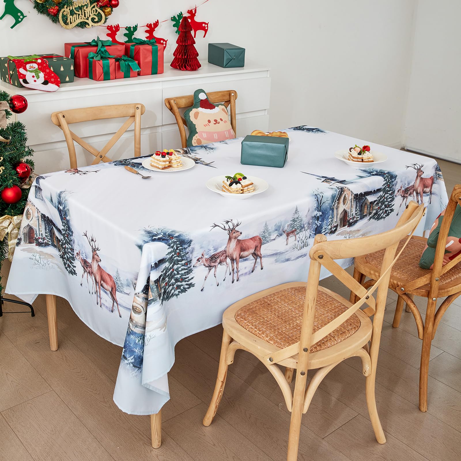 Mantel Navidad Tela, Manteles De Navidad Redondos Y Rectangular, Camino De Mesa Navidad, Mantel De Navidad Decoracion Mesa Navideños Elegantes Tablecloth Adornos Lavable (Alce, 140 x 240 cm)