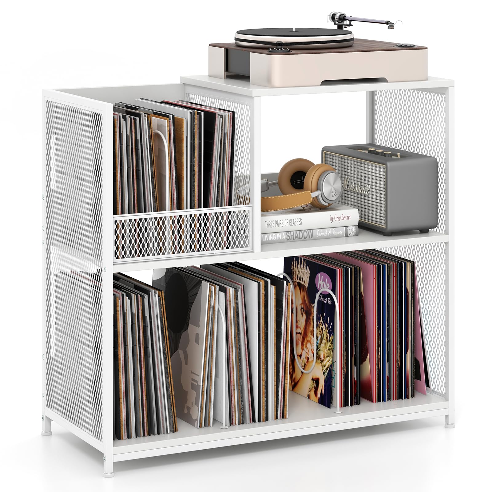 COSTWAY Supporto per Giradischi a 3 Ripiani, Fino a 300 Album, Porta Giradischi Vinili con 3 Separatori Rimovibili e Struttura in Metallo, Mensola di Archiviazione, 83x36x76,5 cm (Bianco)