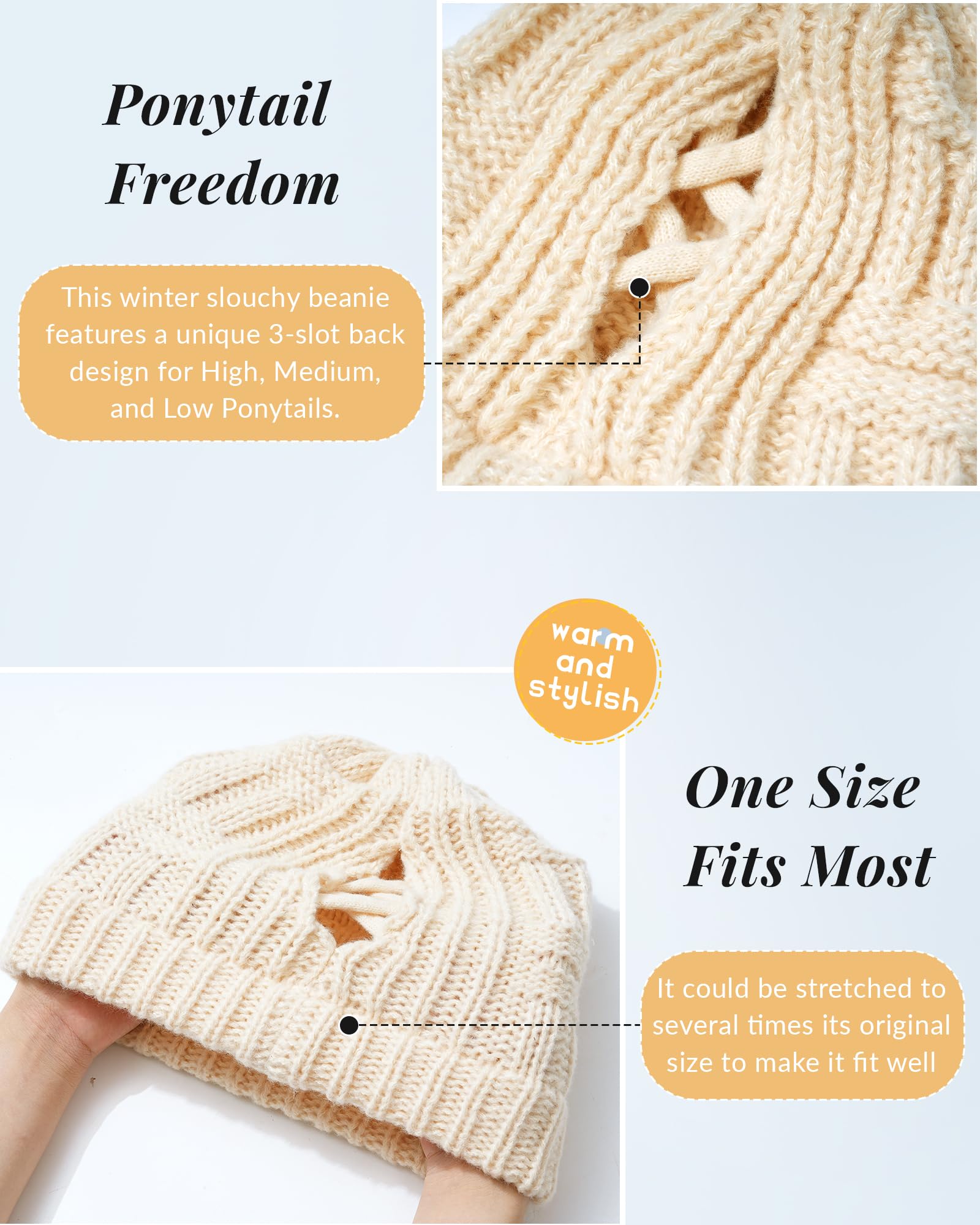 Bonnet Tricoté pour Femmes Bonnet d'hiver avec Trou pour Queue de Cheval Chaud Chapeaux Tricoté d'hiver pour Femmes et Filles