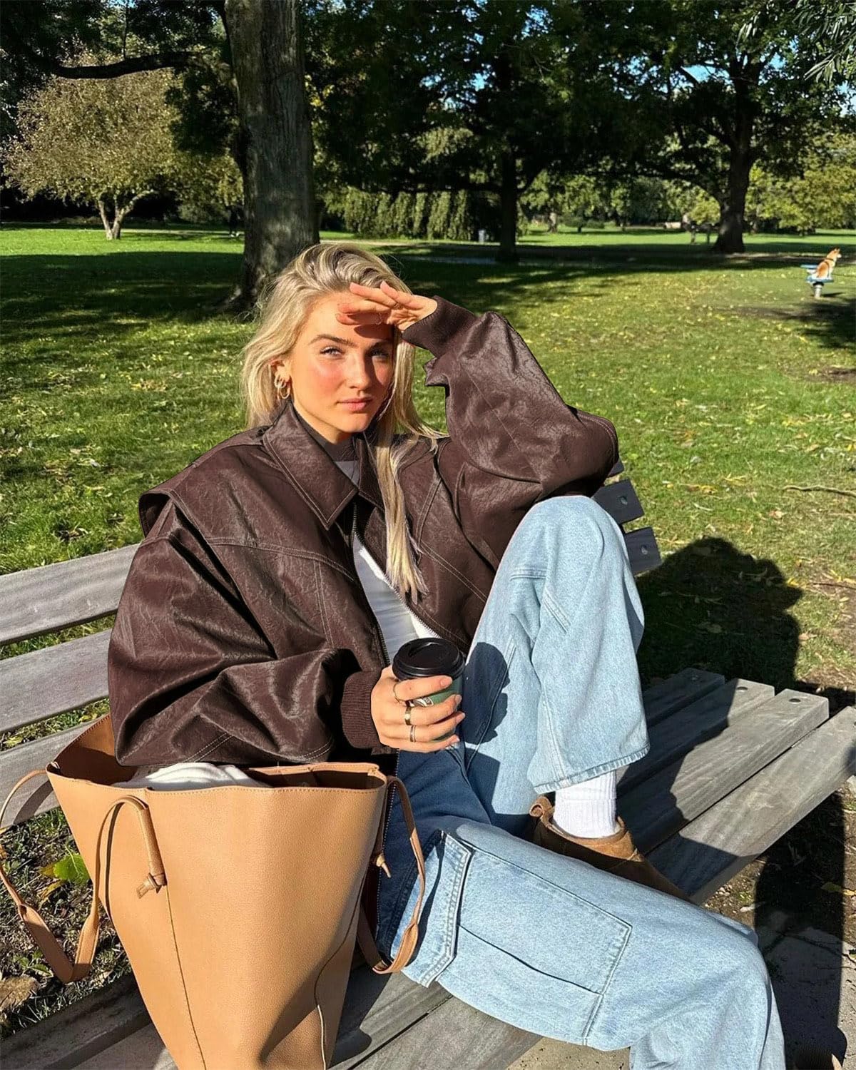 utcoco Veste de moto surdimensionnée en cuir synthétique pour femme avec fermeture éclair - Vêtement d'extérieur tendance pour l'automne 2025