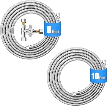 8 FT Refrigerator Water Line Kit with 3/8"- 1/4"- 3/8" Tee Stop Valve for Most Brands and Models Refrigerator + 10 FT Premium Stainless Steel Braided Ice Maker Water Hose