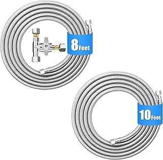 8 FT Refrigerator Water Line Kit with 3/8"- 1/4"- 3/8" Tee Stop Valve for Most Brands and Models Refrigerator + 10 FT Premium Stainless Steel Braided Ice Maker Water Hose