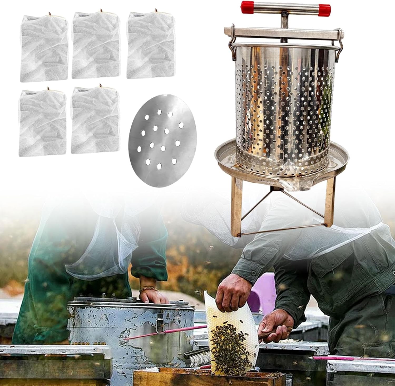 ハニーエクストラクターフルーツプレス軽量頑丈なT字型ハンドルハニカム野菜ビネガーを作るクラッシャー, 5つのろ過メッシュ