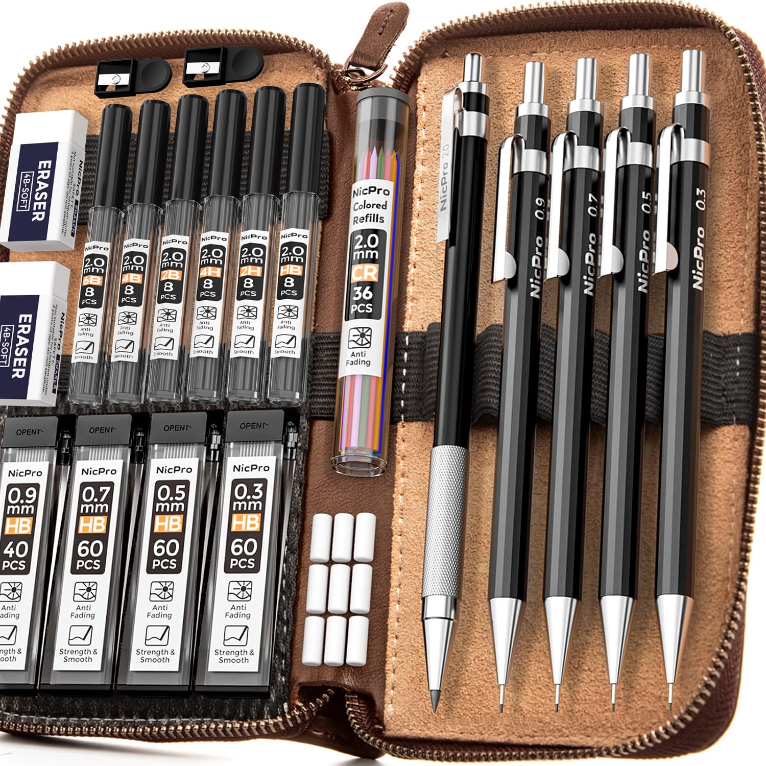 Nicpro 23PCS Metal Mechanical Pencil Set in Leather Case, Black Propelling Drafting Pencil 0.3, 0.5, 0.7, 0.9 mm & 2mm Lead Holders For Art Drawing Sketching, (6B 4B 2B HB 2H 4H Colors) Lead Refills