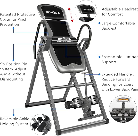 Innova Health and Fitness Inversion Table with Adjustable Headrest, Reversible Ankle Holders, and 300 lb Weight Capacity - Standard A