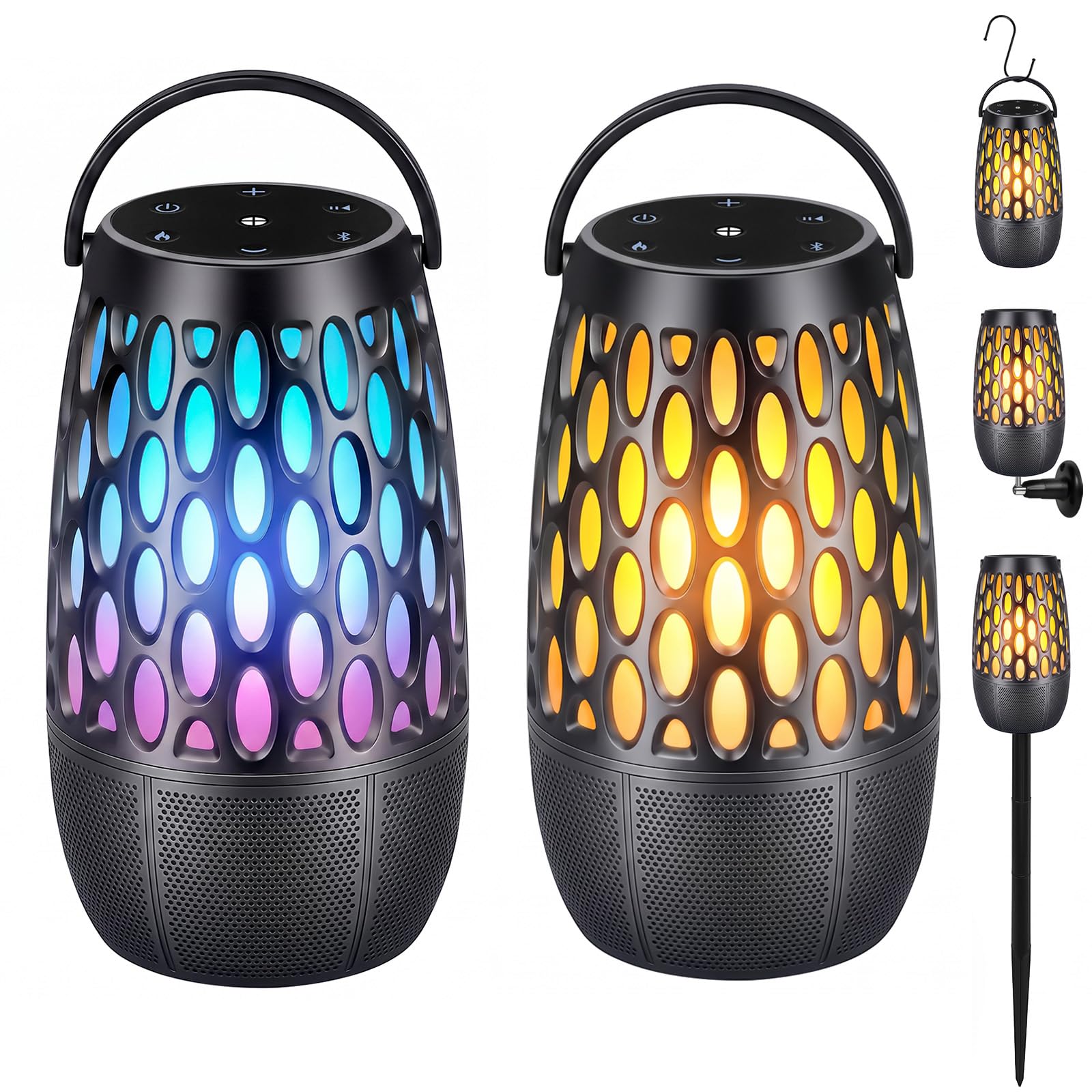 Outdoor Speakers Waterproof IPX6,Bluetooth 5.3 with Flame Light(2 Pack)