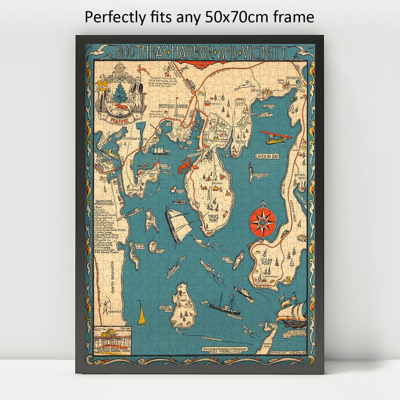 1000 Piece Jigsaw Puzzle | 1931 Maine Puzzle map | Boothbay Harbor and Vicinity | Linekin Bay, Ocean Point - Maine Puzzle