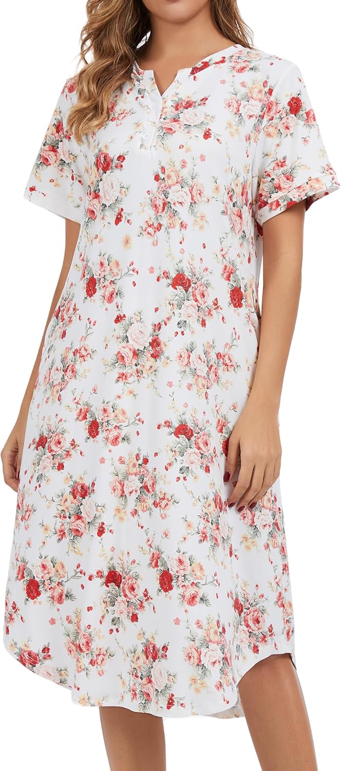 Nightgowns for Women Soft Cotton Short Sleeve Botton Night Gowns Long Sleepwear with Pockets - Image 2