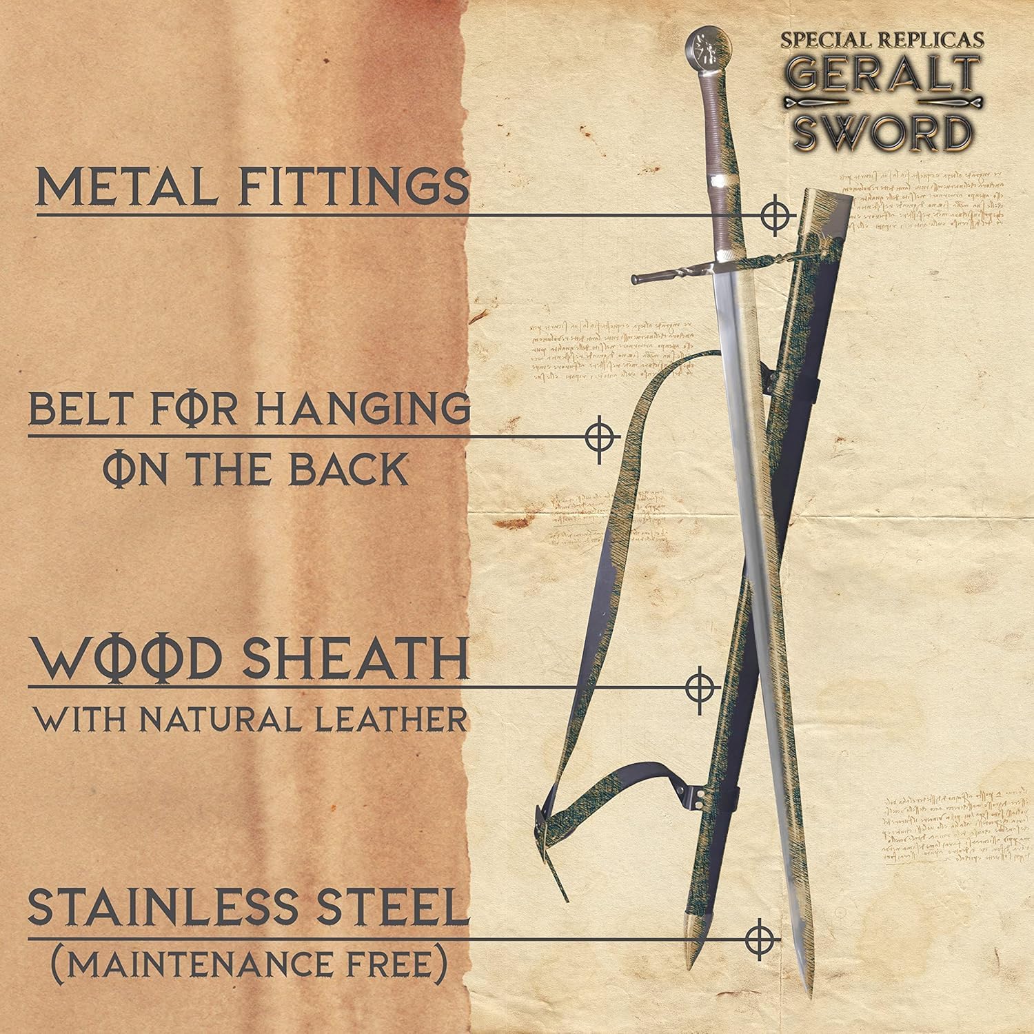 57 SPECIAL REPLICAS Replica di spada decorativa – Pada Geralt 126 cm con fodero – Lama in acciaio inox – Impugnatura in legno e cuoio – The Wither – Spada da collezione o esposizione – ZS637